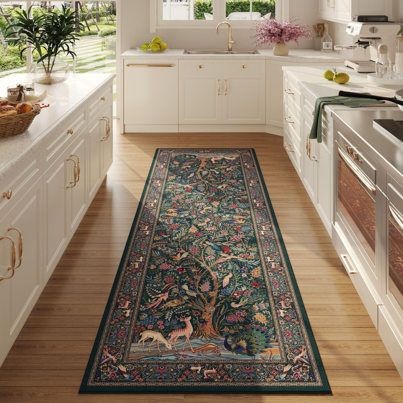 Rugcomf Runner Rug Vibrant Tree of Life-Patterned Vintage Kitchen Rugs Non Slip Washable Soft Carpet Runner for Laundry Bedroom 