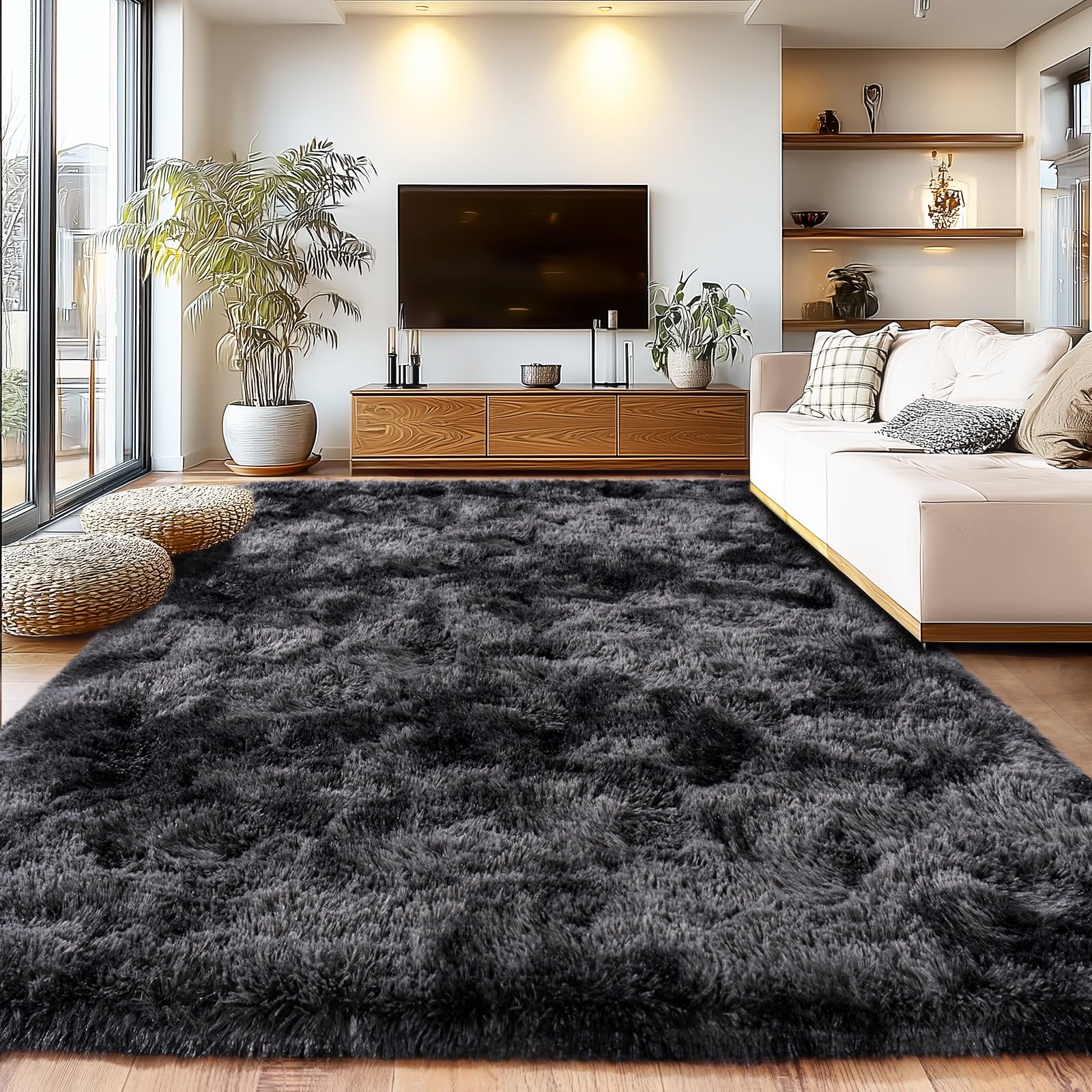 Tie-Dyed Black Grey Shaggy Rugs Fluffy Carpets, Indoor Modern Plush Area Rugs for Living Room, Upgrade Anti-Skid Area Rug, 10x14