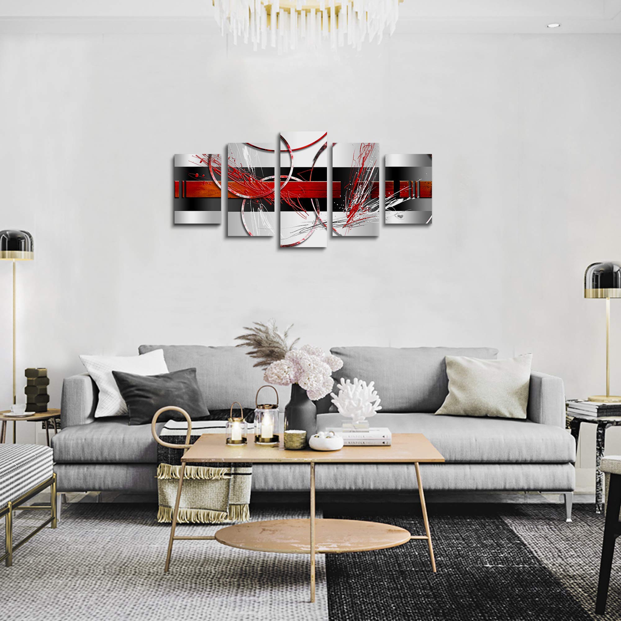 Black Red Picture - Abstract Circle Wall Art Square Picture  Line  and Canvas Painting  Art  Livingroom Decor (A 40''Wx20''H)