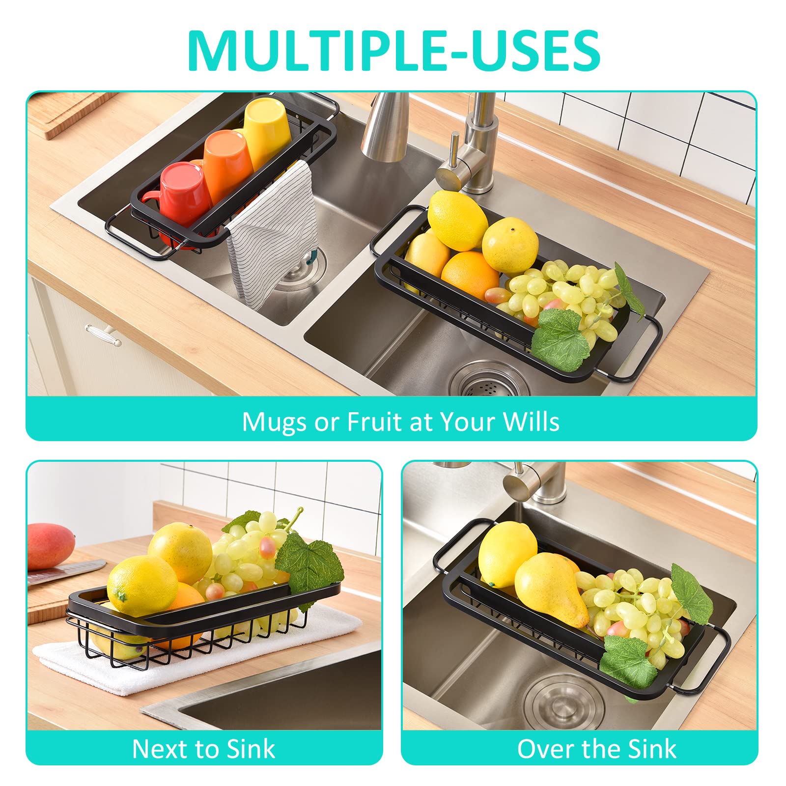 Toolf Expandable Sink Caddy, Sink Drying Rack With Dish Towel Bar, Over The Sink Adjustable Sink Organizer For Kitchen, Rustproo