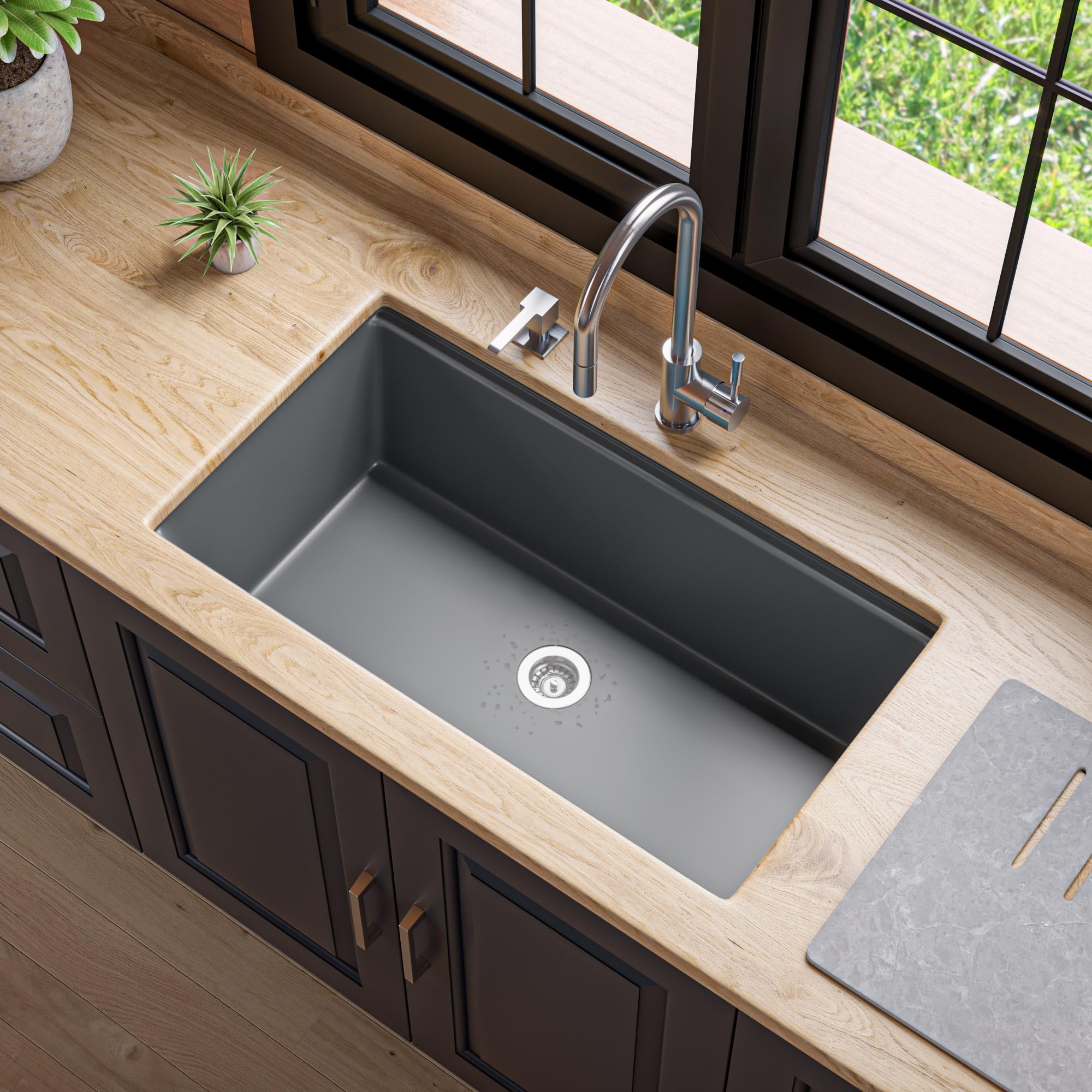 Alfi Brand Ab3418Sbum-T Titanium 33'' Granite Composite Workstation Step Rim Single Bowl Undermount Sink With Accessories