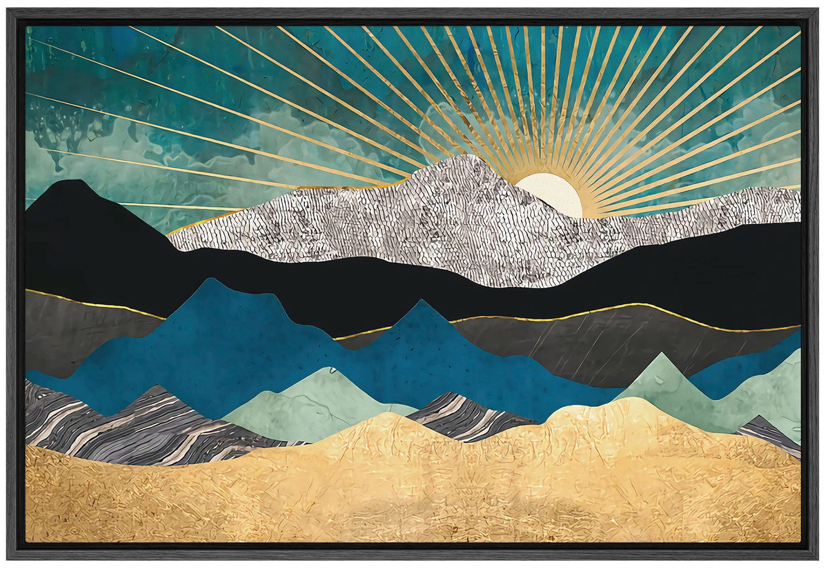 Signford Framed Canvas Print Wall Art Teal Gold Mountain Range Sunshine Nature Wilderness Illustrations Modern Art Rustic Zen La