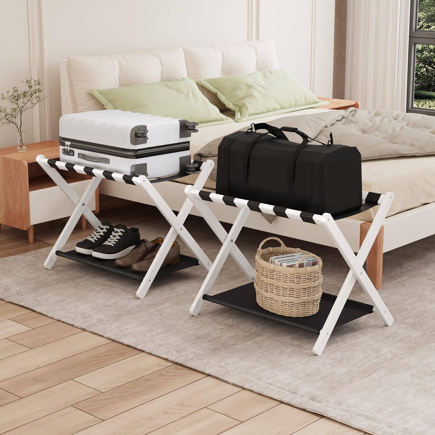 Smuxee White Bamboo Luggage Rack Pack Of 2, Foldable Suitcase Stand With Storage Shelf, Easily Assembled Luggage Stand With 5 Ny