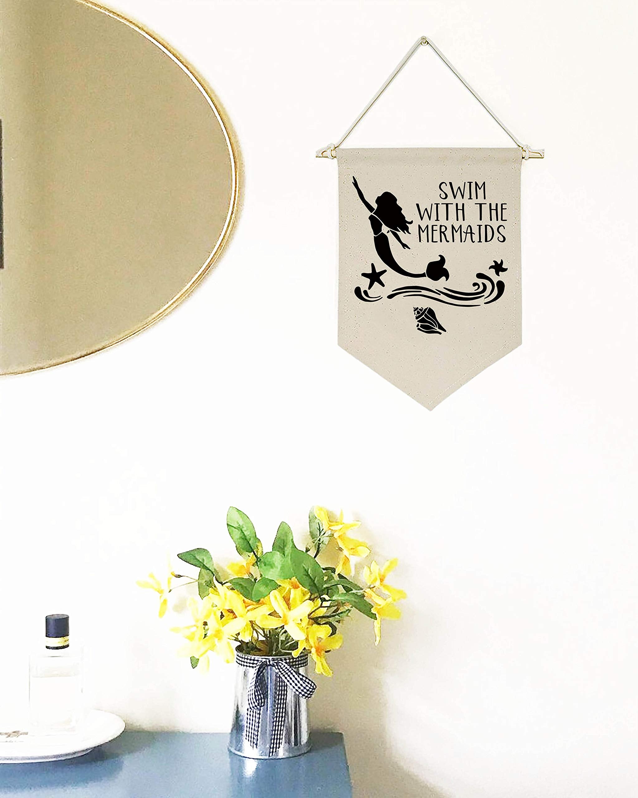 Swim With the Mermaids -Canvas Hanging Flag Banner Wall Sign Decor Gift for Baby Kids Girl Nursery Teen Room Front Door - Conch Waves