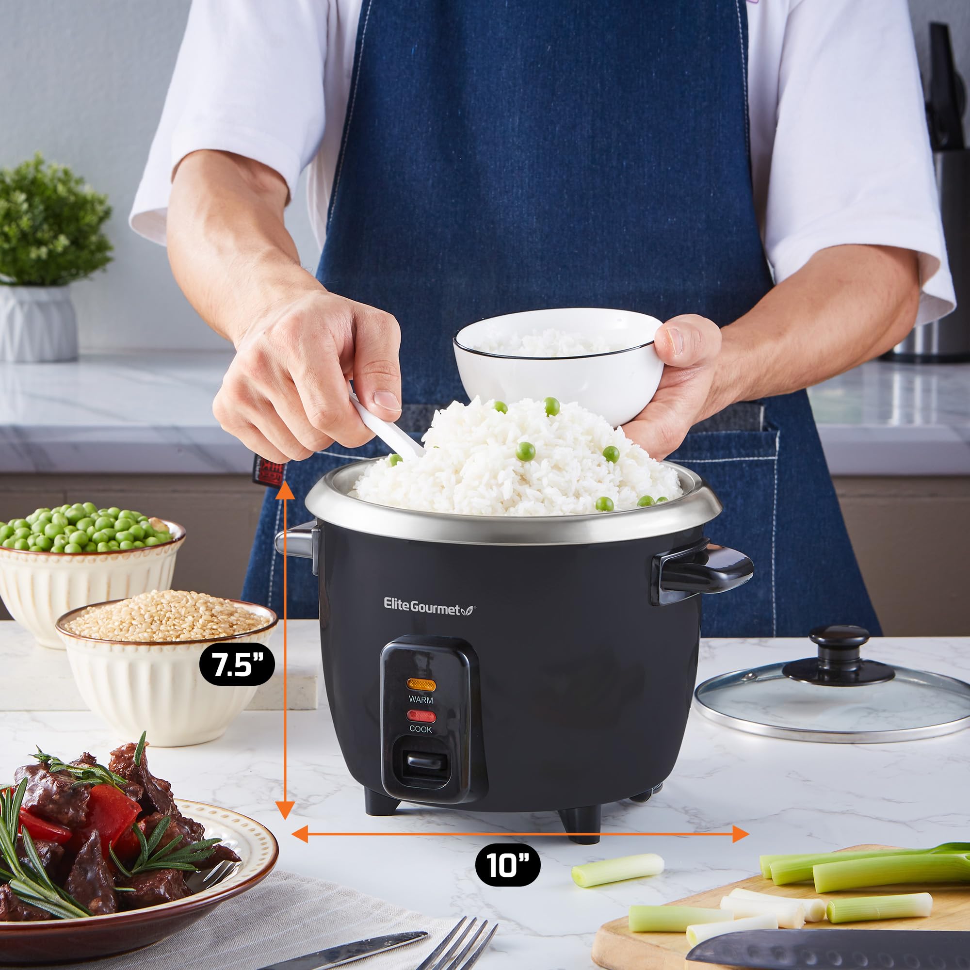 Elite Gourmet Erc003B Electric Rice Cooker With Automatic Keep Warm Makes Soups, Stews, Grains, Hot Cereals, 6 Cups Cooked (3 Cu
