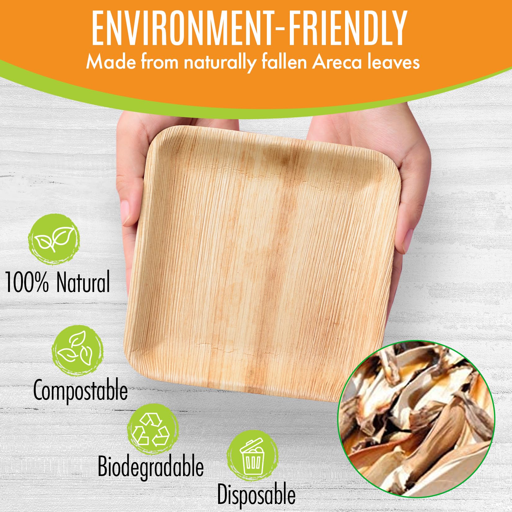 Raj Eco Compostable Palm Leaf Plates Like Bamboo Plates Disposable - 8 Inch Square 50 party plates  Natural wooden  Eco-Friendly  fancy Biodegradable & Disposable Dessert appetizer Plates