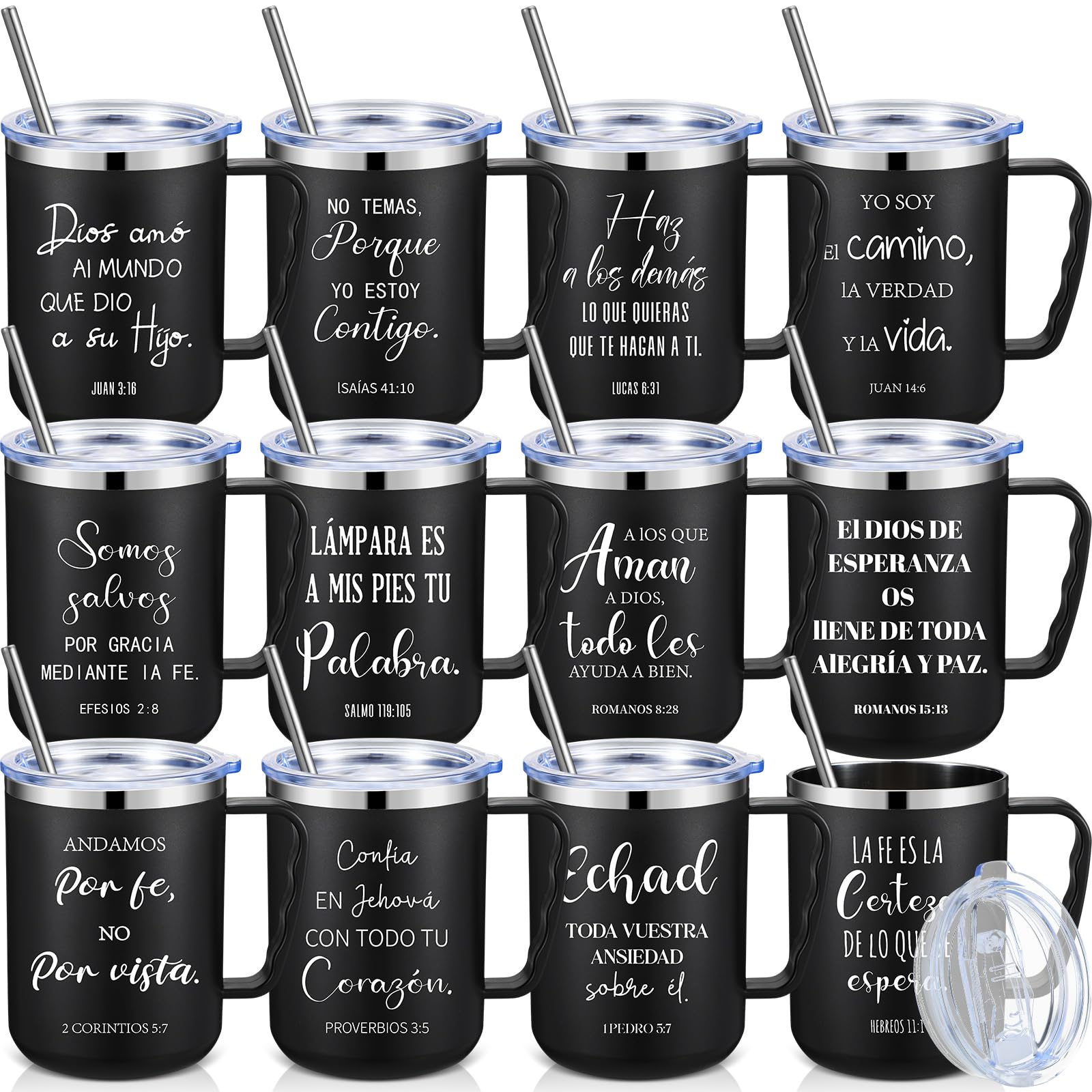 Sieral 12 Pcs Christian Coffee Mugs Bulk,17oz,Black,Spanish