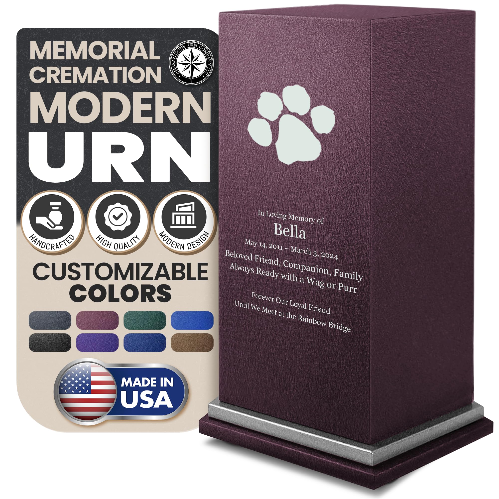 Amaranthine Urn Decorative Cremation Urn for Pets Ashes - Customizable Text, Color & Base, Metal Funeral Urns for Pet Ashes, Bur