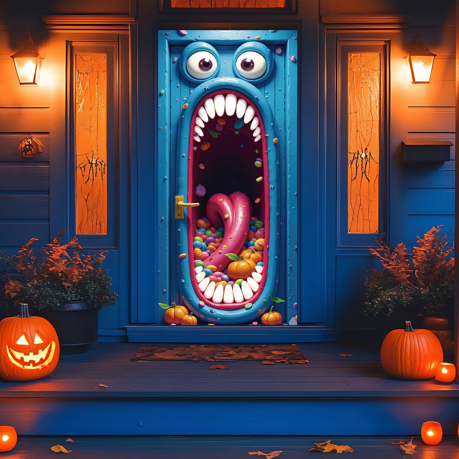 Halloween Door Cover, Fabric Cute Funny Monster Front Door Wall Banner Covering Decorations Indoor Outdoor Party Supplies 72.8x3
