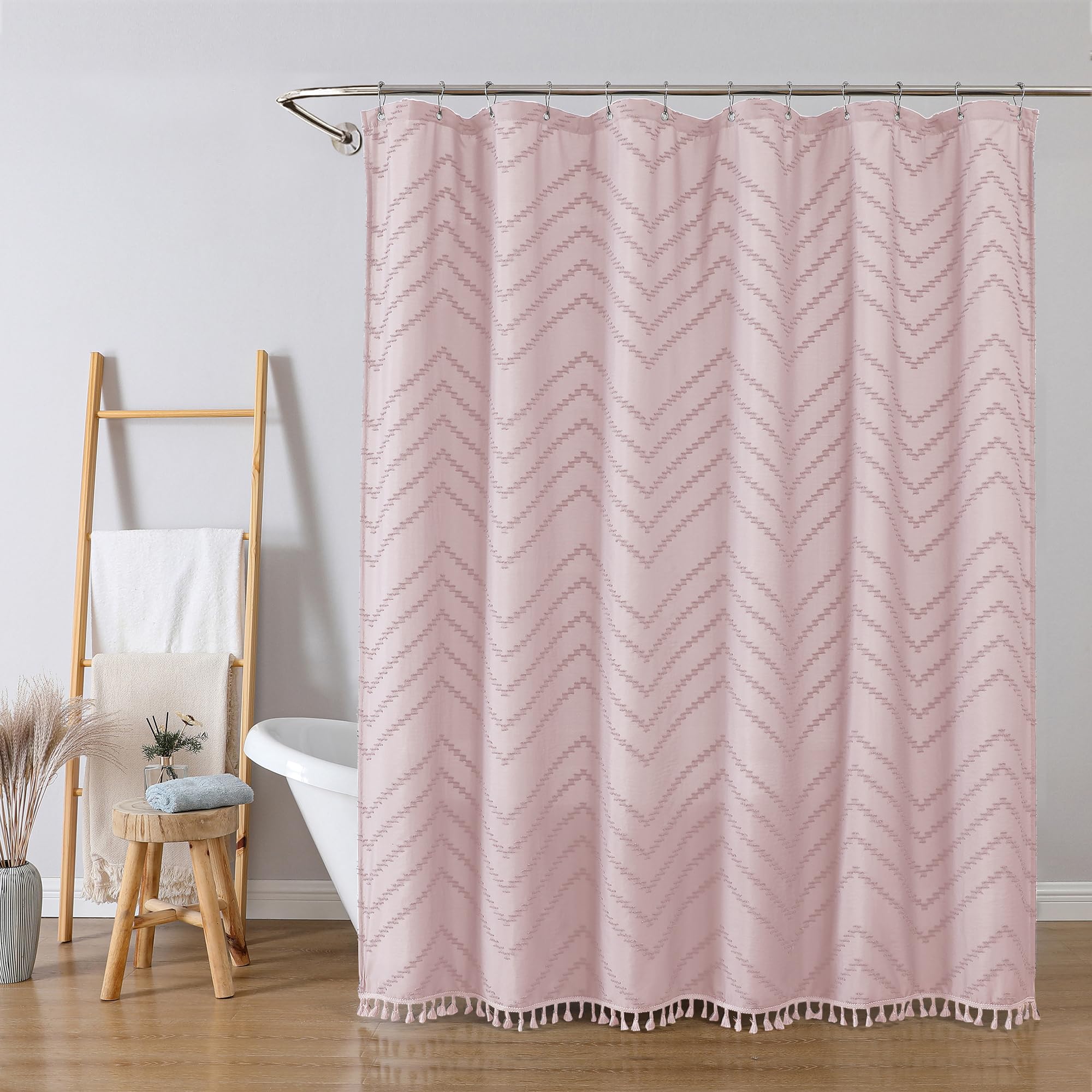 Owenie Boho Shower Curtain, Blush Pink Fabric Cloth Shower Curtains Farmhouse Tufted Chevron Striped Textured With Tassel For Ba