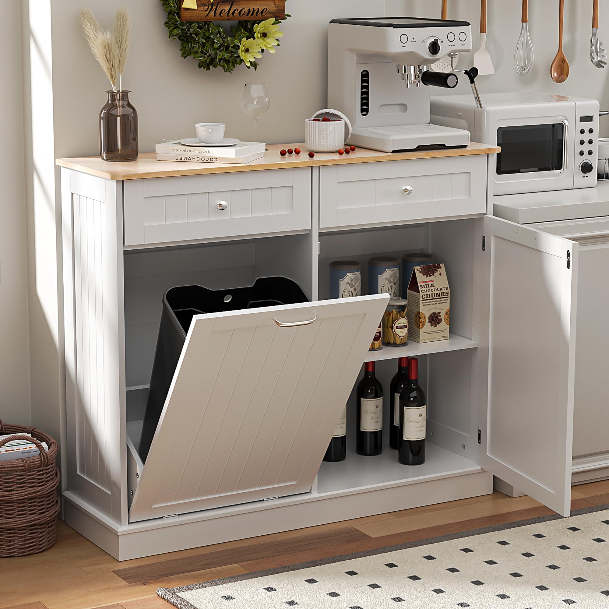 Spurgehom Dual Door Trash Cabinet Kitchen Waste Bins, Laundry Hamper Tilt Out Trash Can Cabinet With Hideaway Drawer Storage Bag