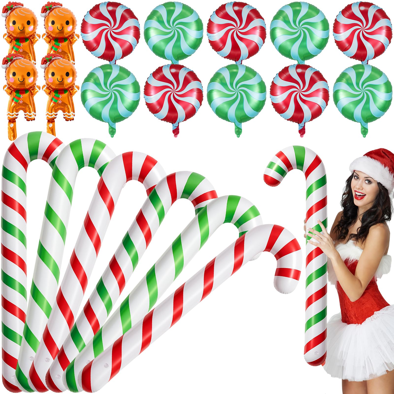 Leyndo 20 Pcs Christmas Inflatable Christmas Candy Cane Decorations 35 Inch Jumbo Santa Candy Canes Gingerbread House Lollipop B