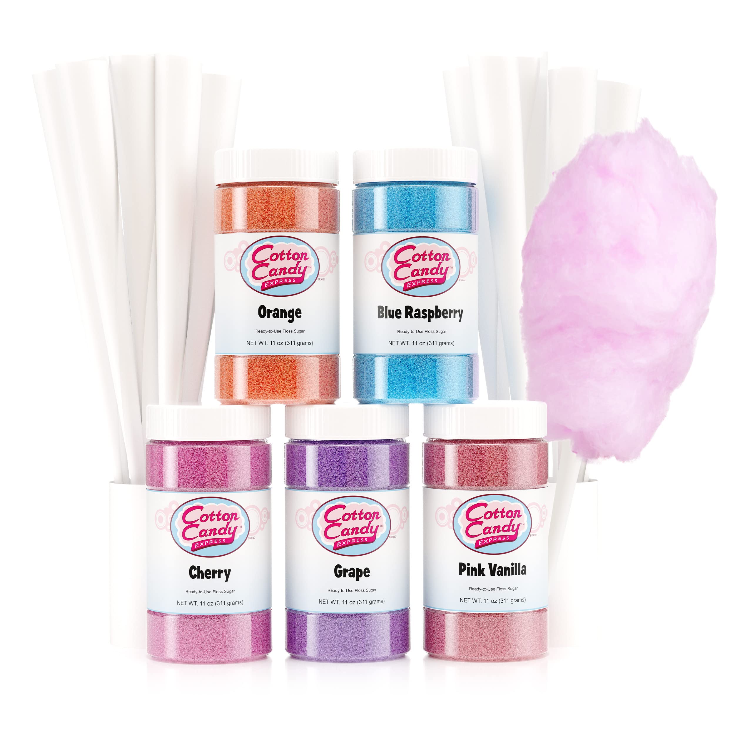 Cotton Candy Express Floss Sugar Variety Pack With 5 - 11Oz Plastic Jars Of Grape, Orange, Pink Vanilla, Blue Raspberry, Cherry
