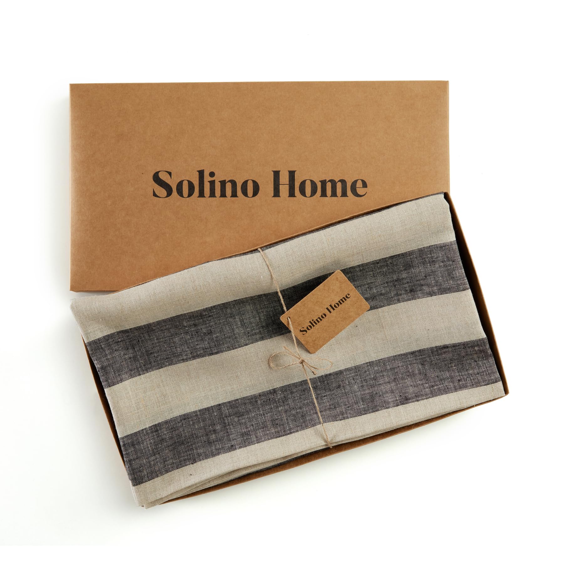 Solino Home Cabana Stripe Linen Round Tablecloth 60 Inch Diameter - 100% Pure Linen Black And Natural Tablecloth - Handcrafted A