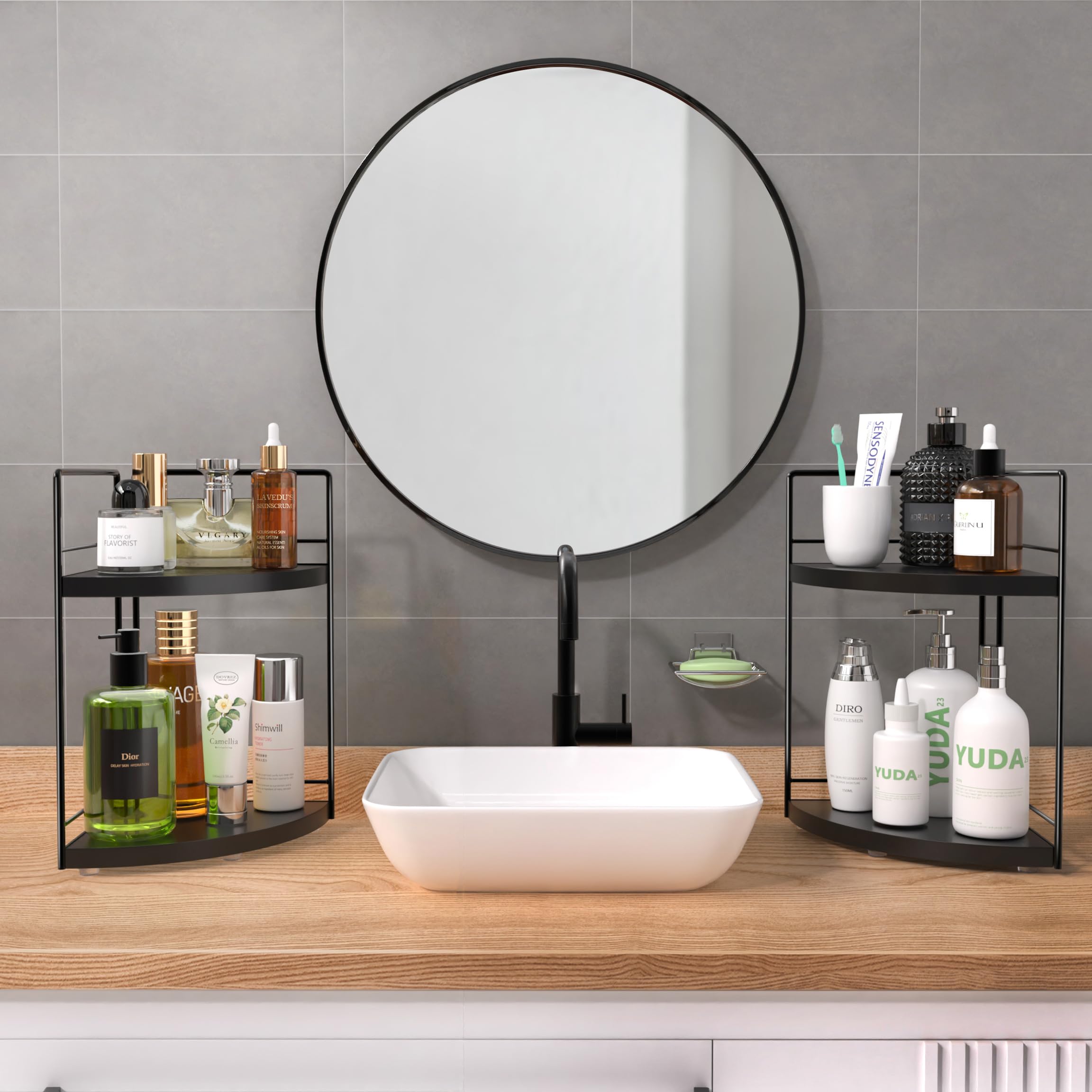 Bstsll 2 Pack Bathroom Counter Organizer,2 Tier Corner Bathroom Counter Organizer,Black Wooden Vanity Organizer For Bathroom Org