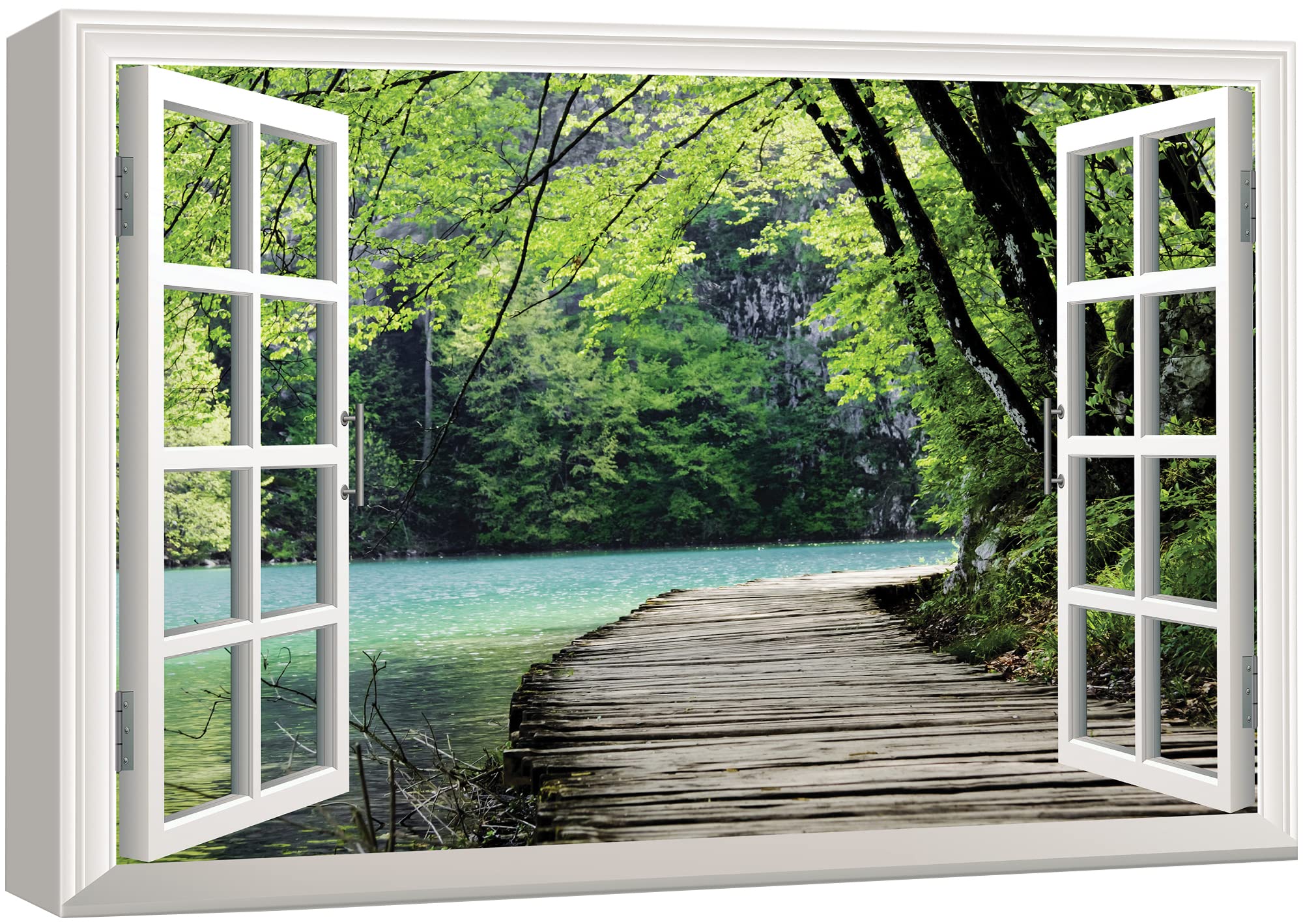 Wall26 - Modern White Window Looking Out Into A Bridge By A Lake Surrounded By Trees - Canvas Art Home Art - 24X36 Inches