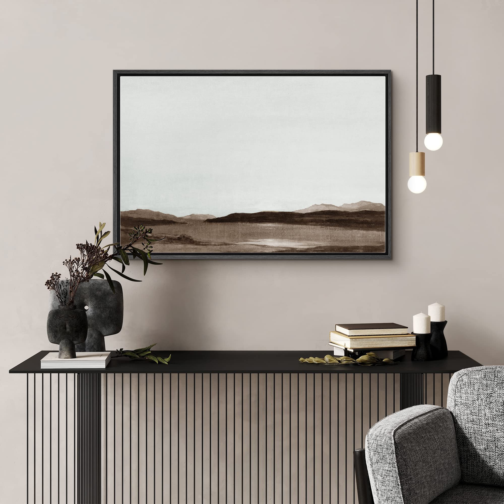 Signford Framed Canvas Wall Art Monochromatic Brown Mountains And Valleys Landscape Wilderness Oil Painting Impressionism Tradit