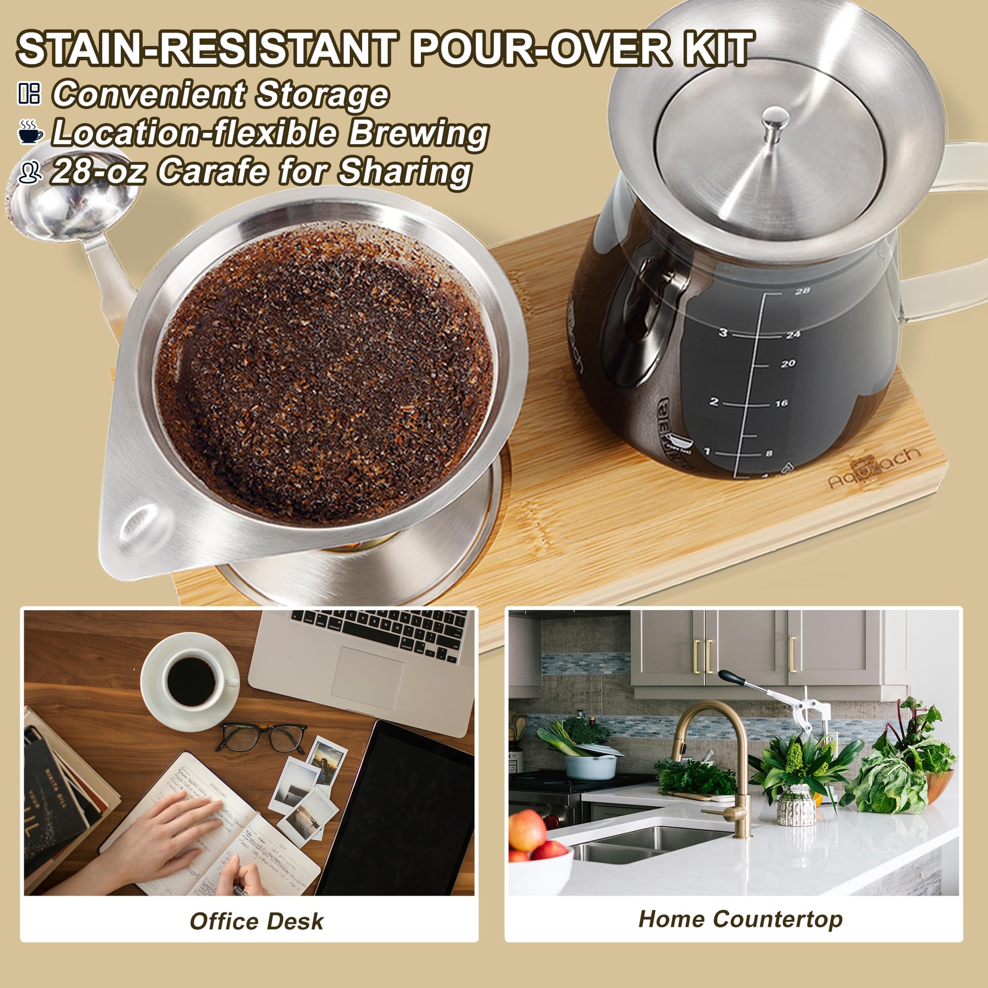 Aquach Pour Over Coffee Maker Set With Extra Large Coffee Dripper, 28 Oz Glass Carafe, Stainlesss Steel Coffee Scoop And Bamboo