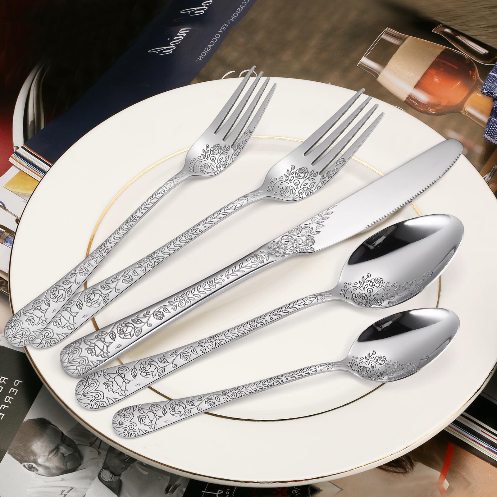 A · HOUSEWARE Floral Silverware Set, 30-Piece Stainless Steel Cutlery, Silver, Engraved Rose Design for Home & Restaurant Use
