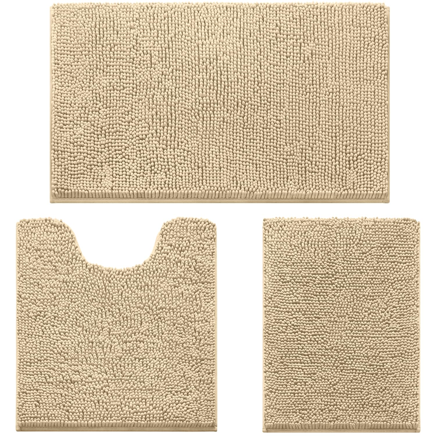 Homeideas 3 Pieces Bathroom Rugs, Ultra Soft Non Slip Absorbent Chenille Toilet Bath Mat Set (Beige)
