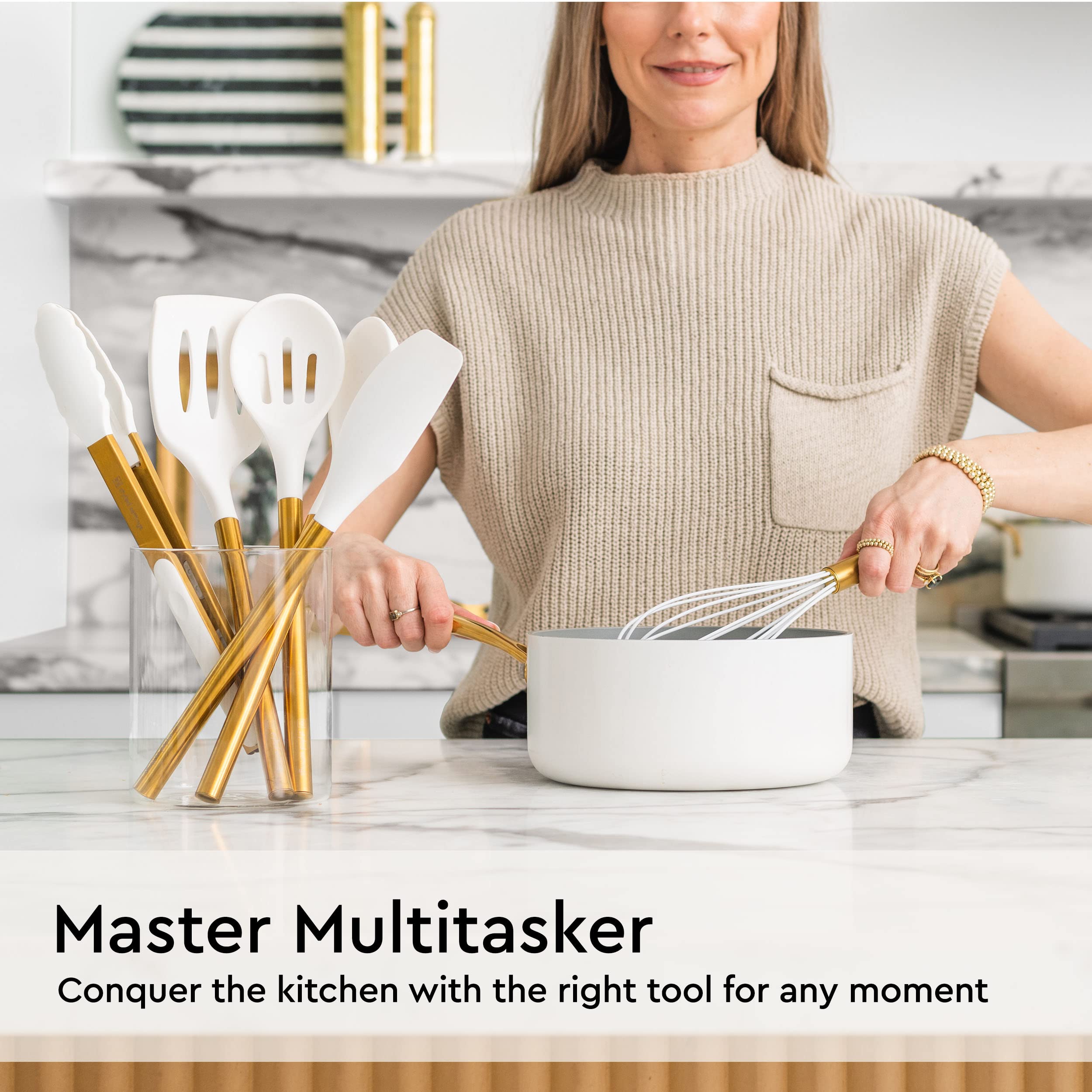 Styled Settings White Silicone And Gold Kitchen Utensils Set For Modern Cooking And Serving, Stainless Steel Gold Cooking Utensi