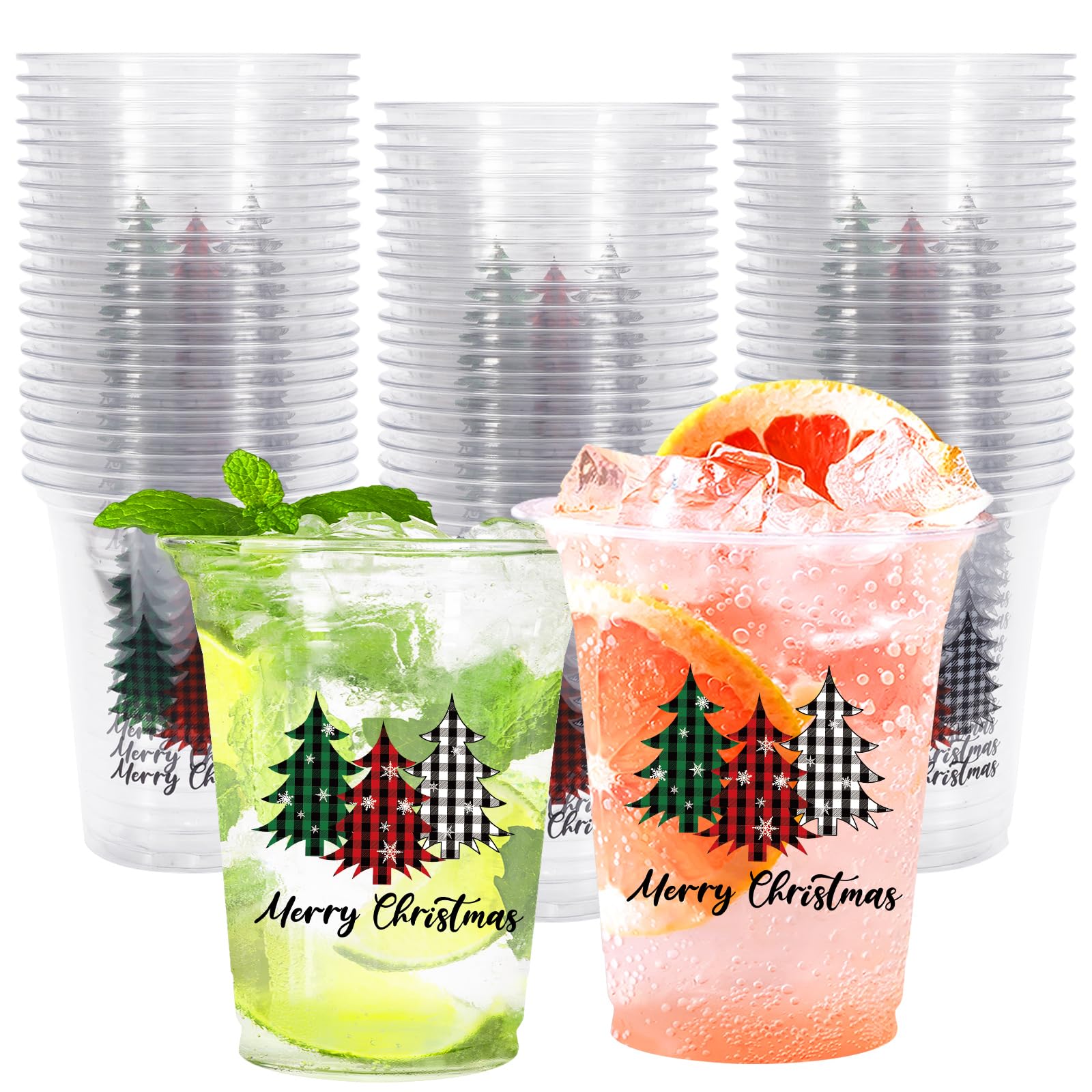 Whaline 50Pcs 12oz Christmas Disposable Cups Black Green Red Plaid Plastic Party Cups Christmas Tree Clear Plastic Glasses for X