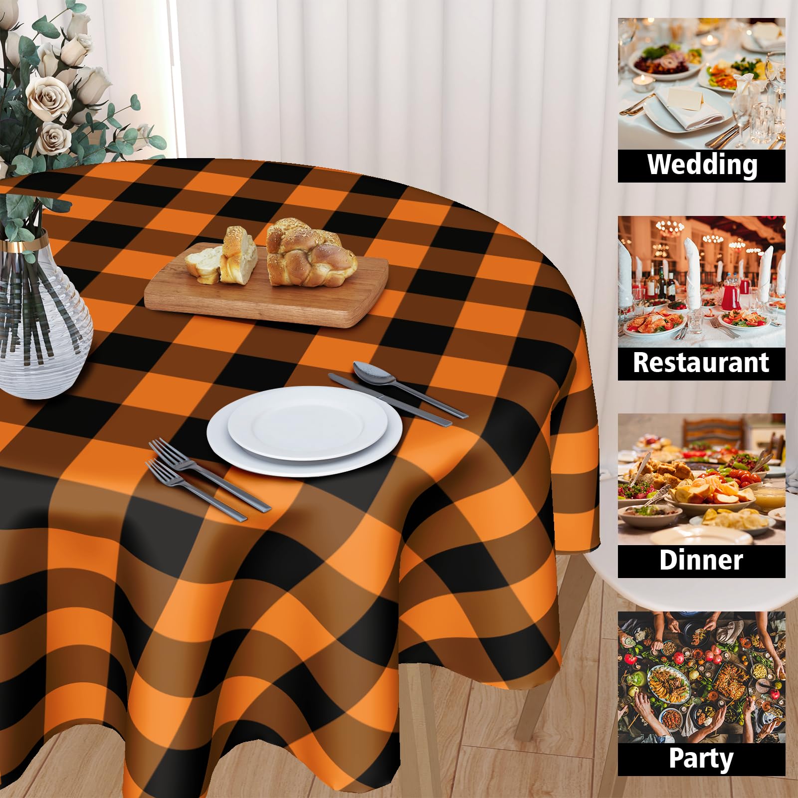 Halloween Tablecloth Round 60 Inch Black Orange Buffalo Plaid Round Table Cloth Autumn Thanksgiving Plaid Table Cloth Fall Autum