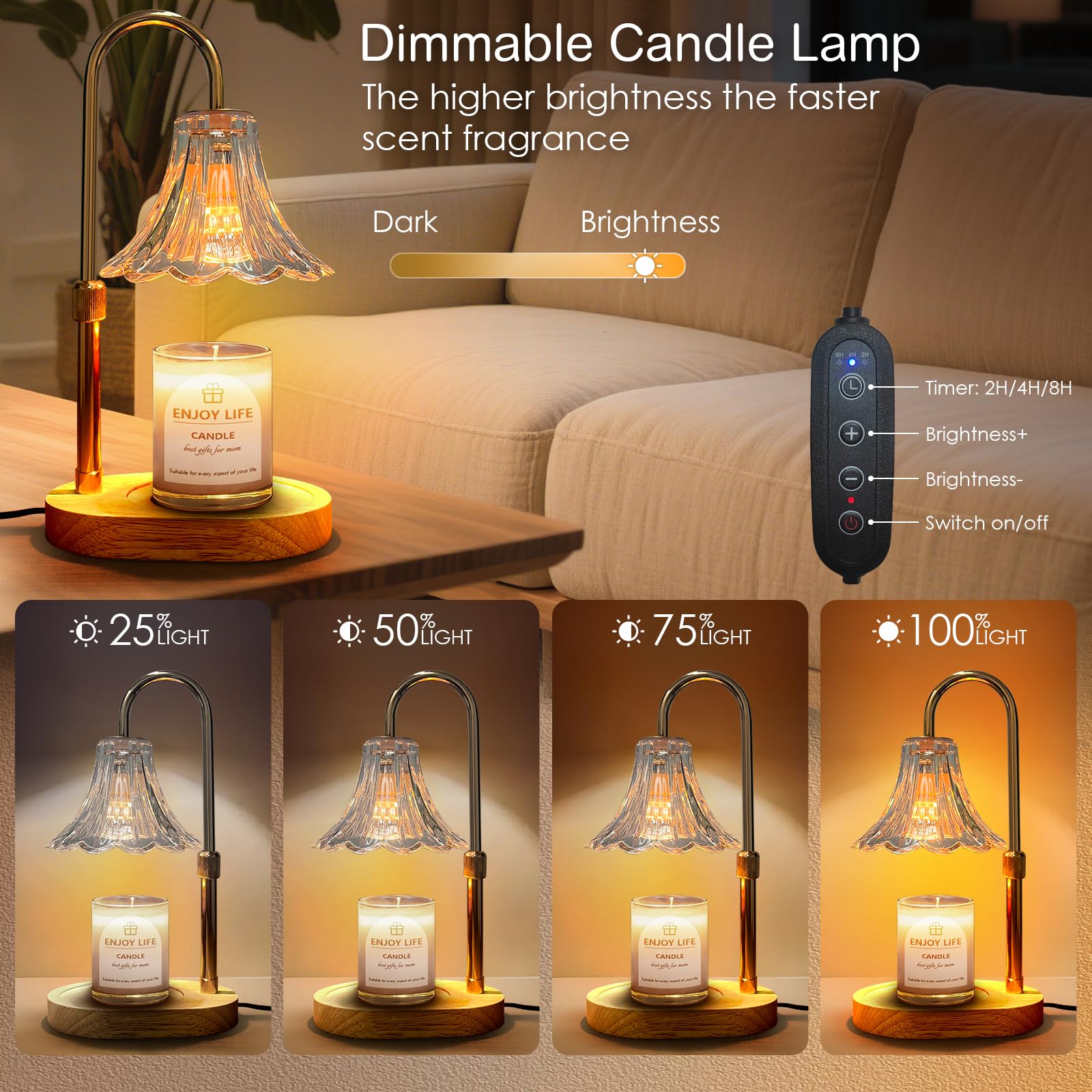 Candle Warmer Lamp with Timer: Birthday Gifts for Women Mom, Adjustable Height, 3 Timing Mode, 4 Level Dimmable Flower Candle Wa