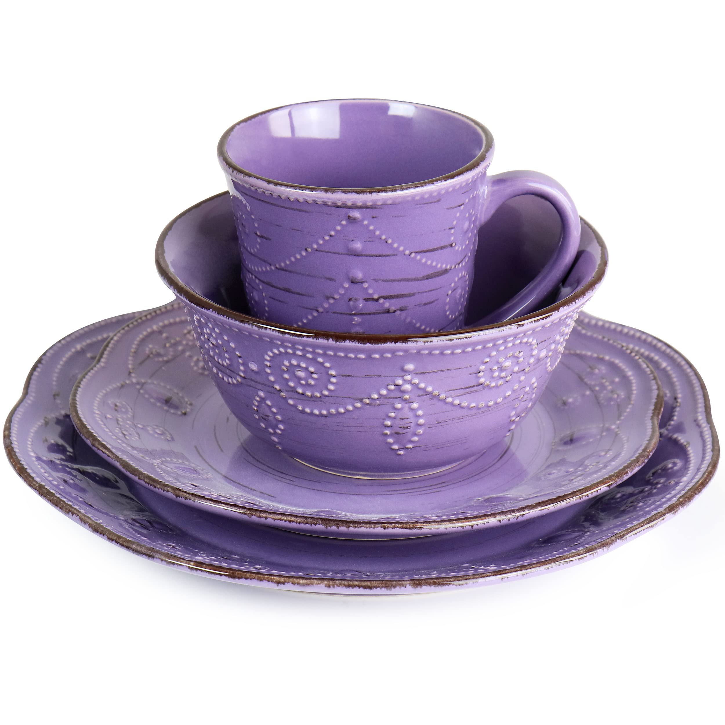Elama Rustic Birch 16 Piece Stoneware Dinnerware Set in Purple, Purple with Brown Accents, (EL-RUSTICBIRCH)