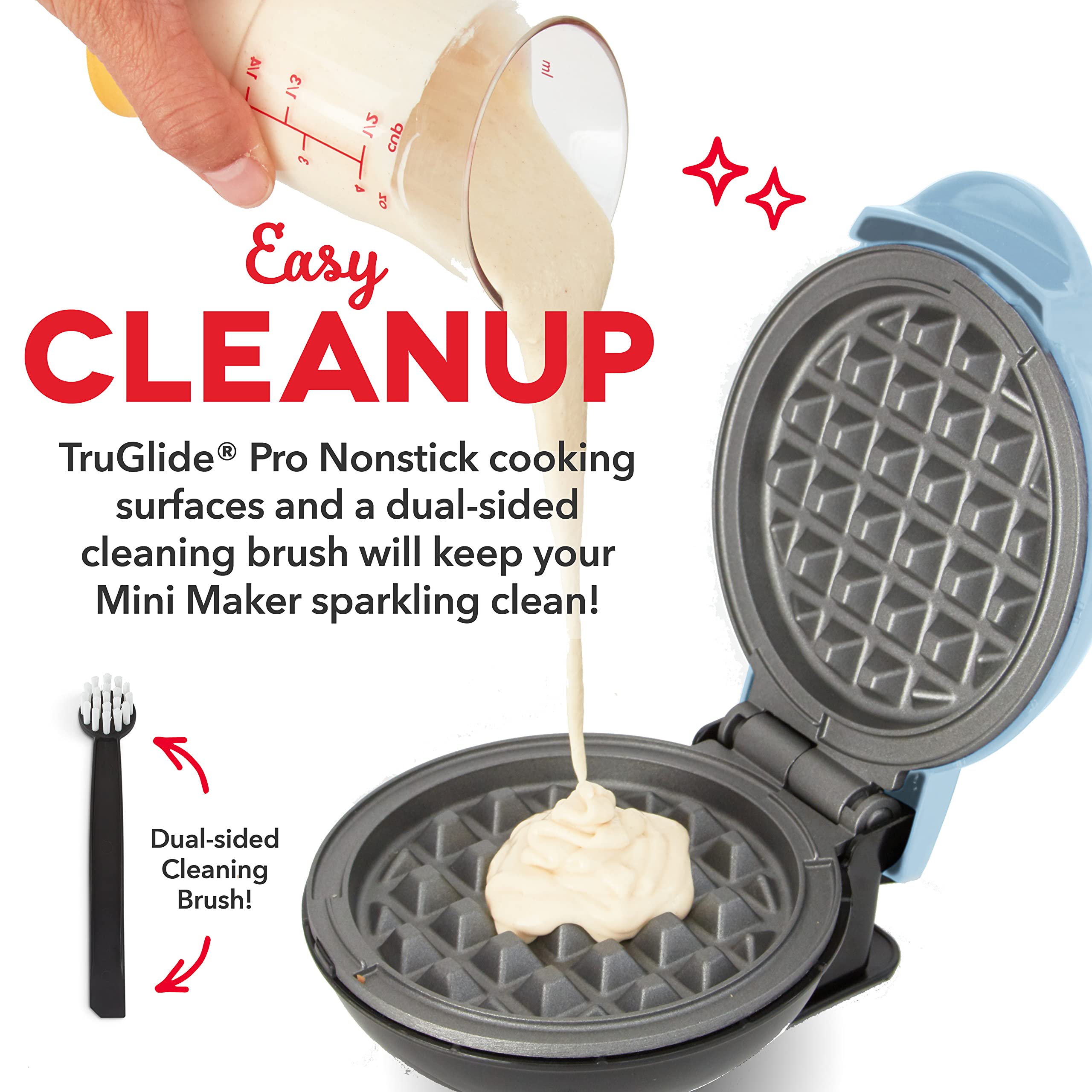 DASH Deluxe Mini Maker for Individual Waffles  Hash Browns  Keto Chaffles with Included Brush and Cord Wrap  and Easy to Clean Non-Stick Surfaces  4 Inch  Dream Blue