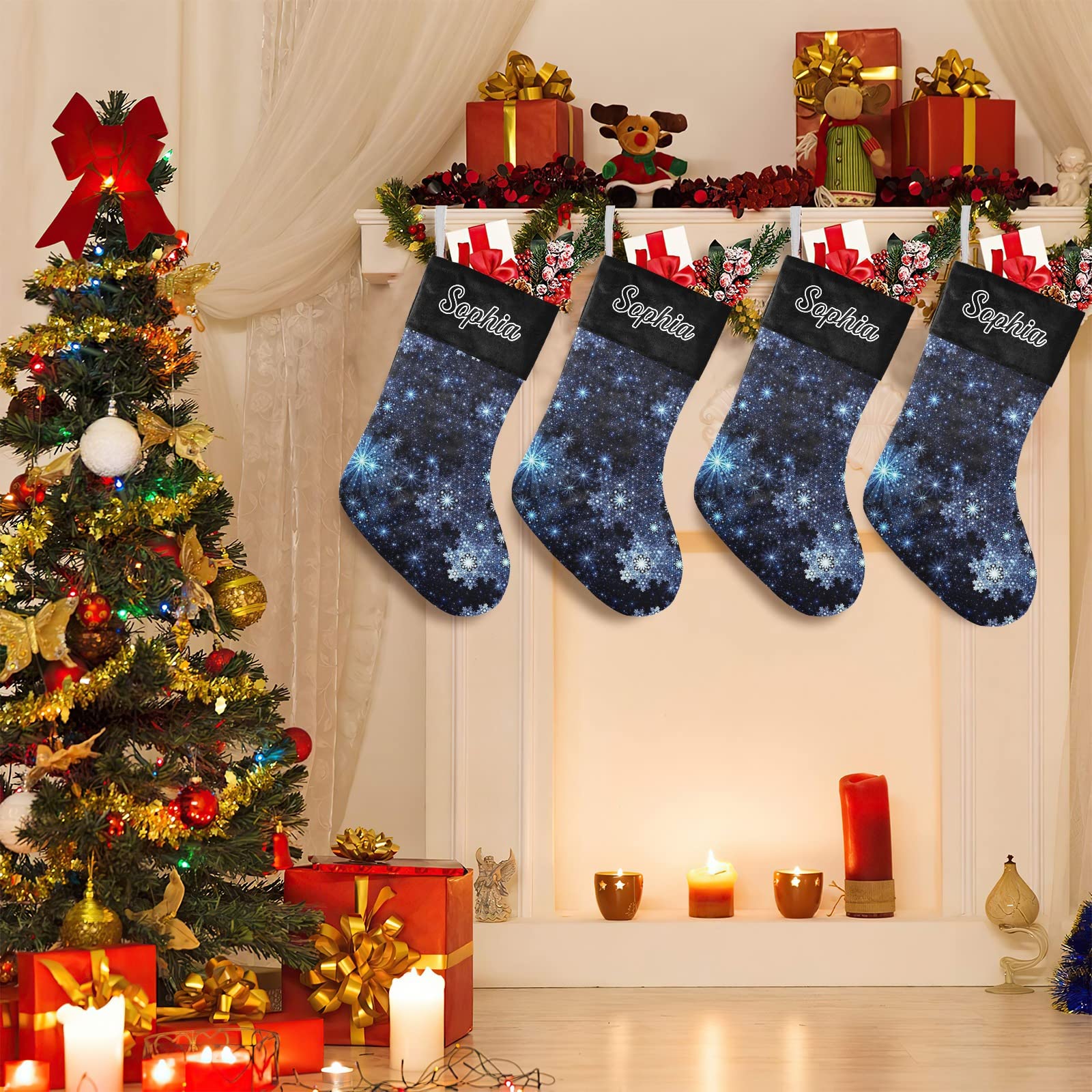 Wintery Blue Snowflake Christmas Stocking with Name Custom Xmas Stockings for Family Wedding Party Decor 17.52 x 7.87 Inch