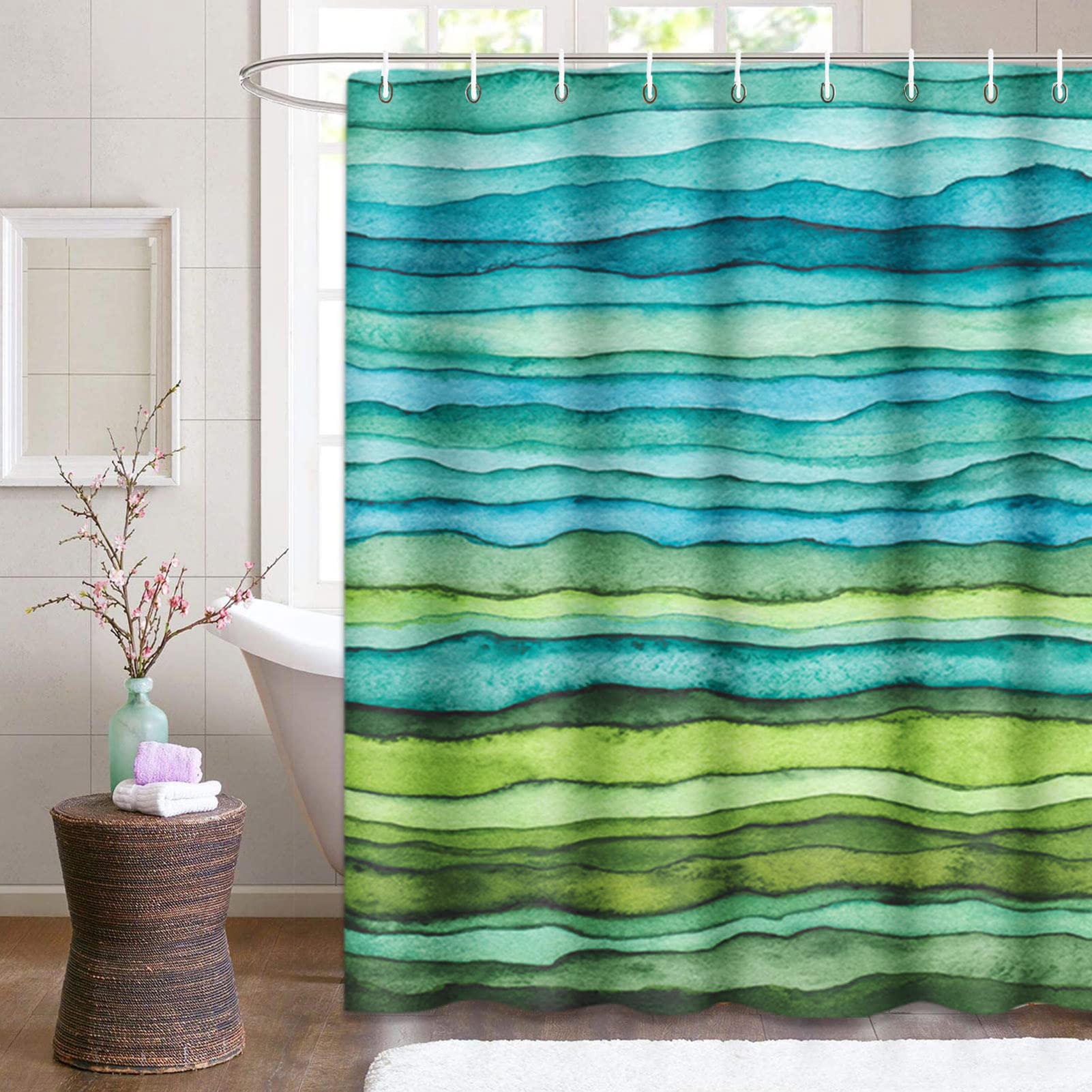 Emvency Shower Curtain Abstract Bright Blue And Green Waves Stripped Watercolor Brush Drawn Waterproof Polyester Fabric 72 X 72