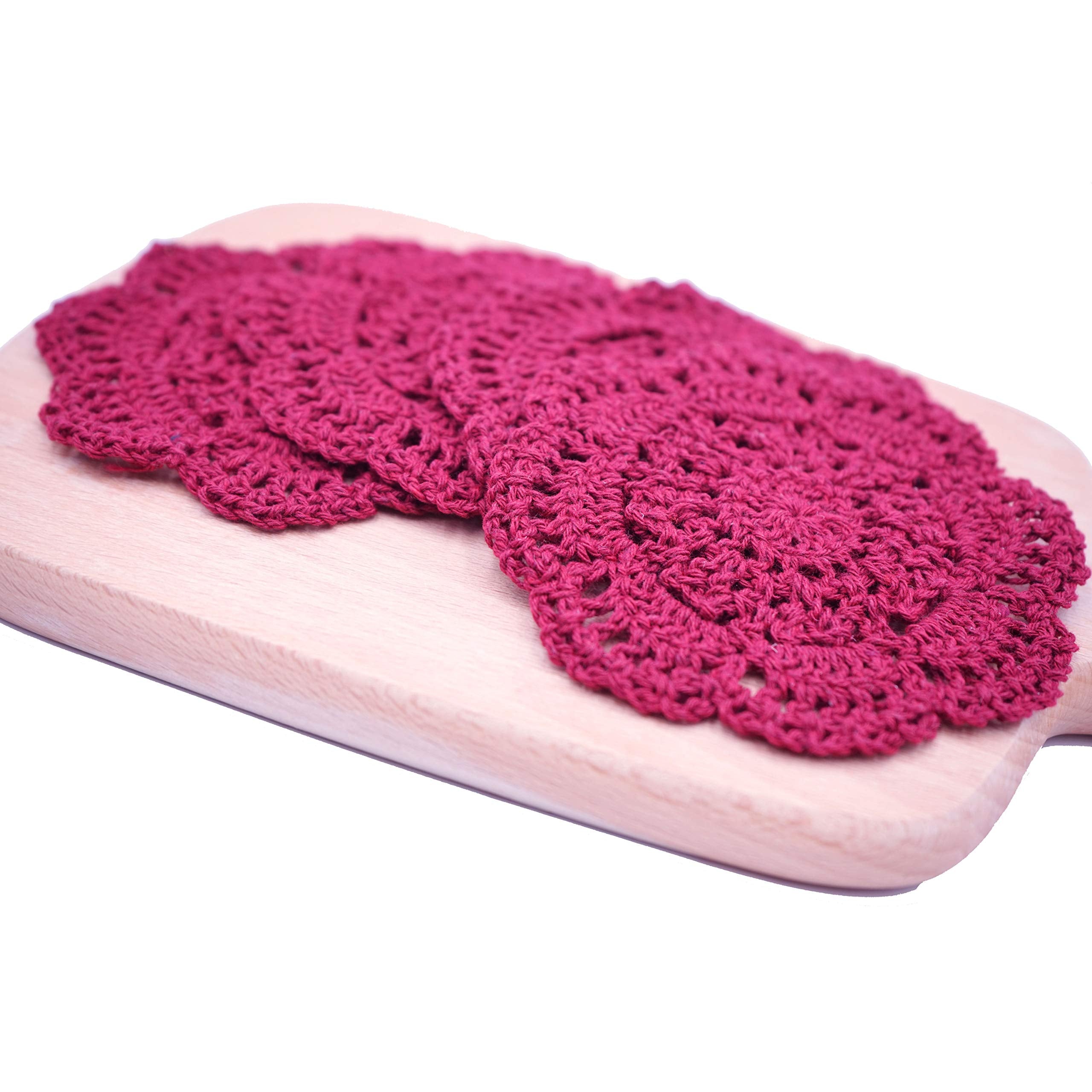 Phantomon Lace Round Crochet Doilies Handmade Coasters, 4-Inch, Pack Of 4 (Burgundy)