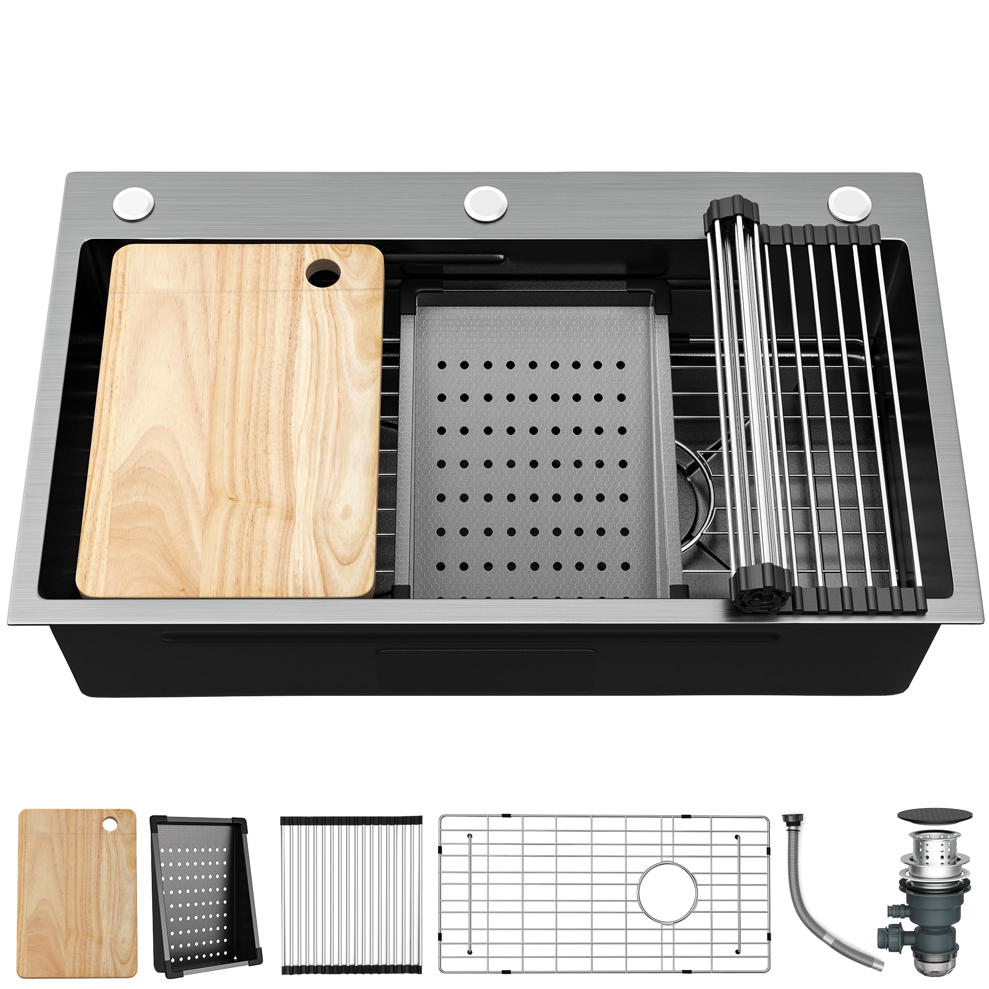 Yitahome Kitchen Sink Gunmetal Black Drop In Sink Workstation 32 Inch, Top Mount Stainless Steel Nano Sink W/Cutting Board& Stra