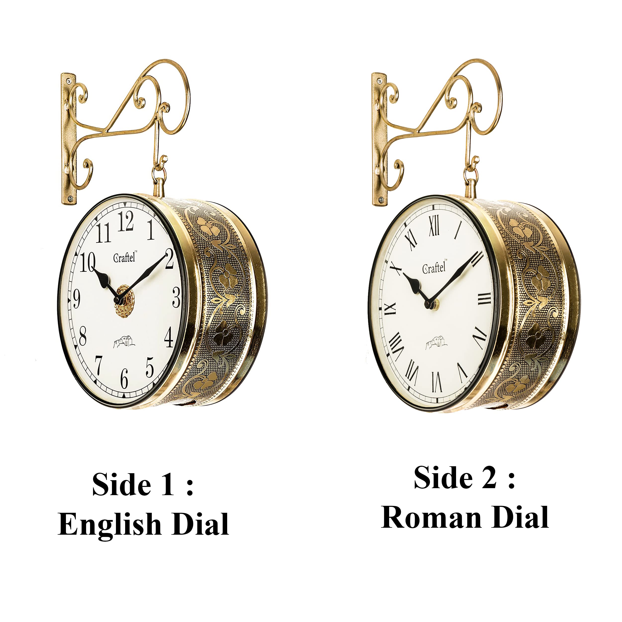 CRAFTEL Metal Analog Double Sided Vintage English Roman Station Wall Clock with Brass in dial (Golden_10 Inches)