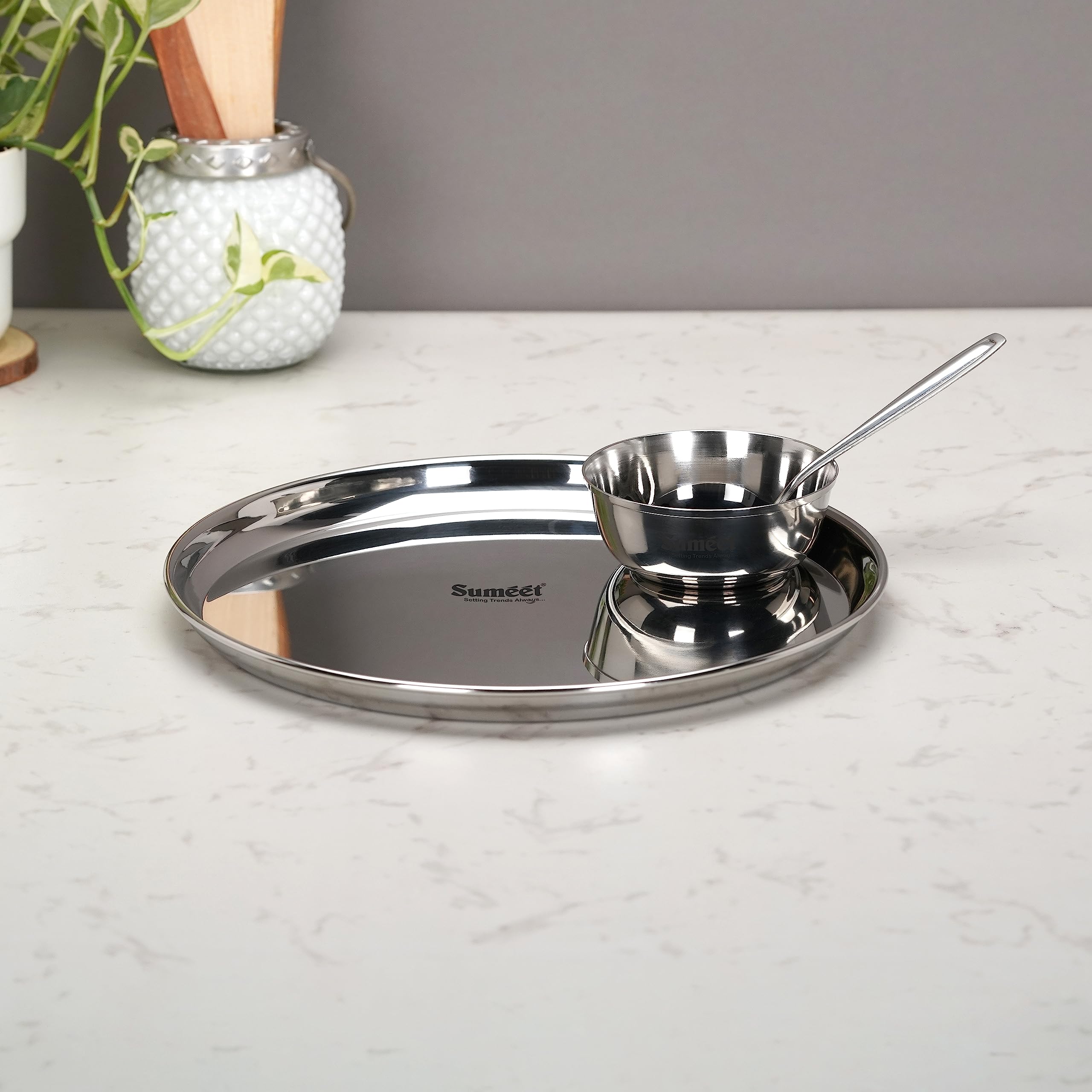 Sumeet Stainless Steel Heavy Gauge Mirror Finish Dinner Solid Set Of 3 Pcs (1 Plate  1 Bowl Wati  1 Spoon)  Silver