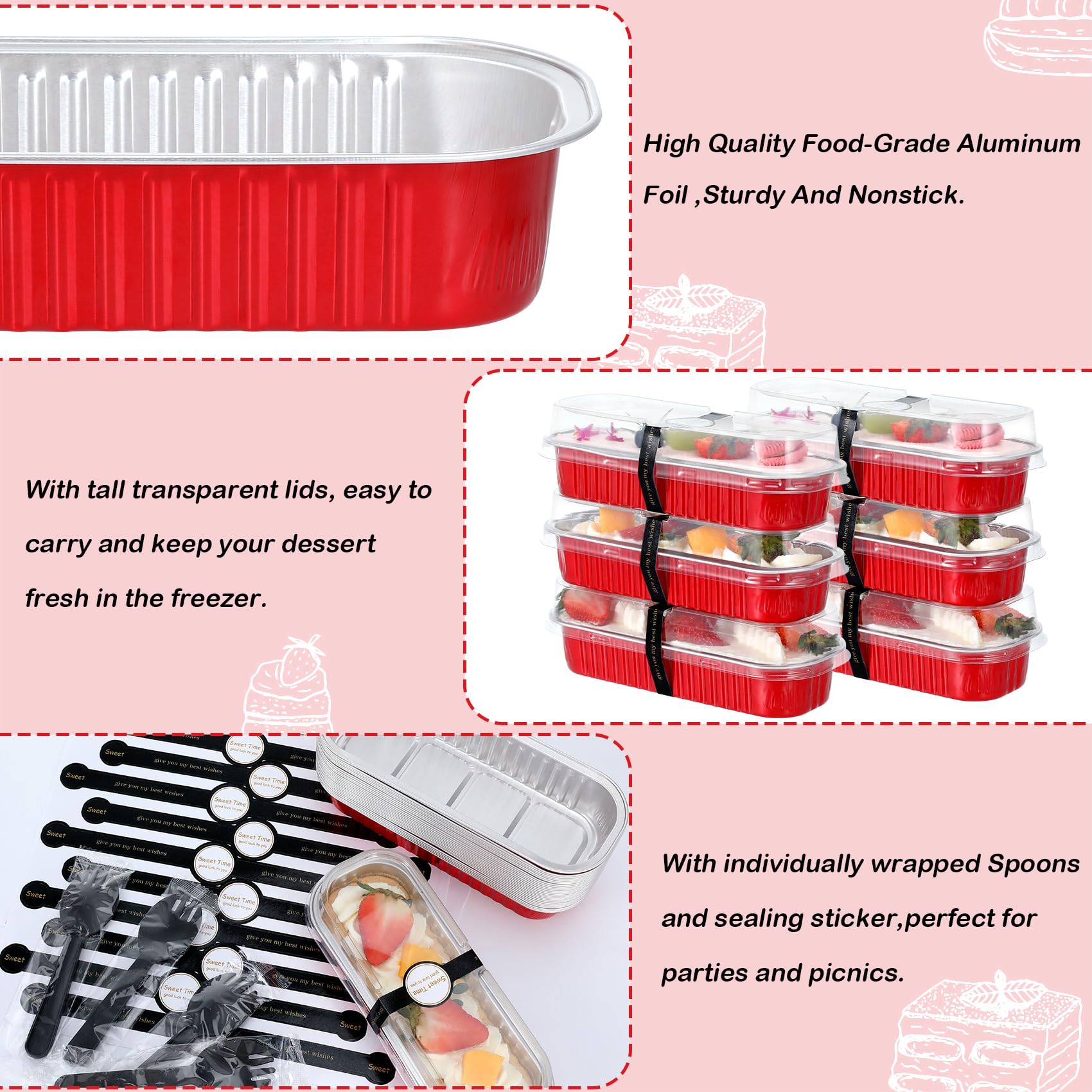 EgticHome Mini Loaf Pans - 100 Pack, Red Aluminum Foil Baking Pans, 6.8oz, with Lids and Spoons