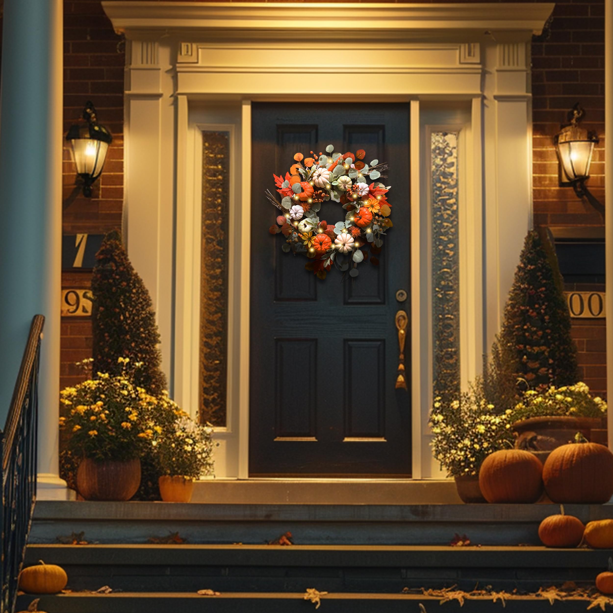 Valery Madelyn Collapsible Fall Wreath with Light for Front Door, 24 Halloween Door Wreath with White Pumpkin Silk Maple Leaves