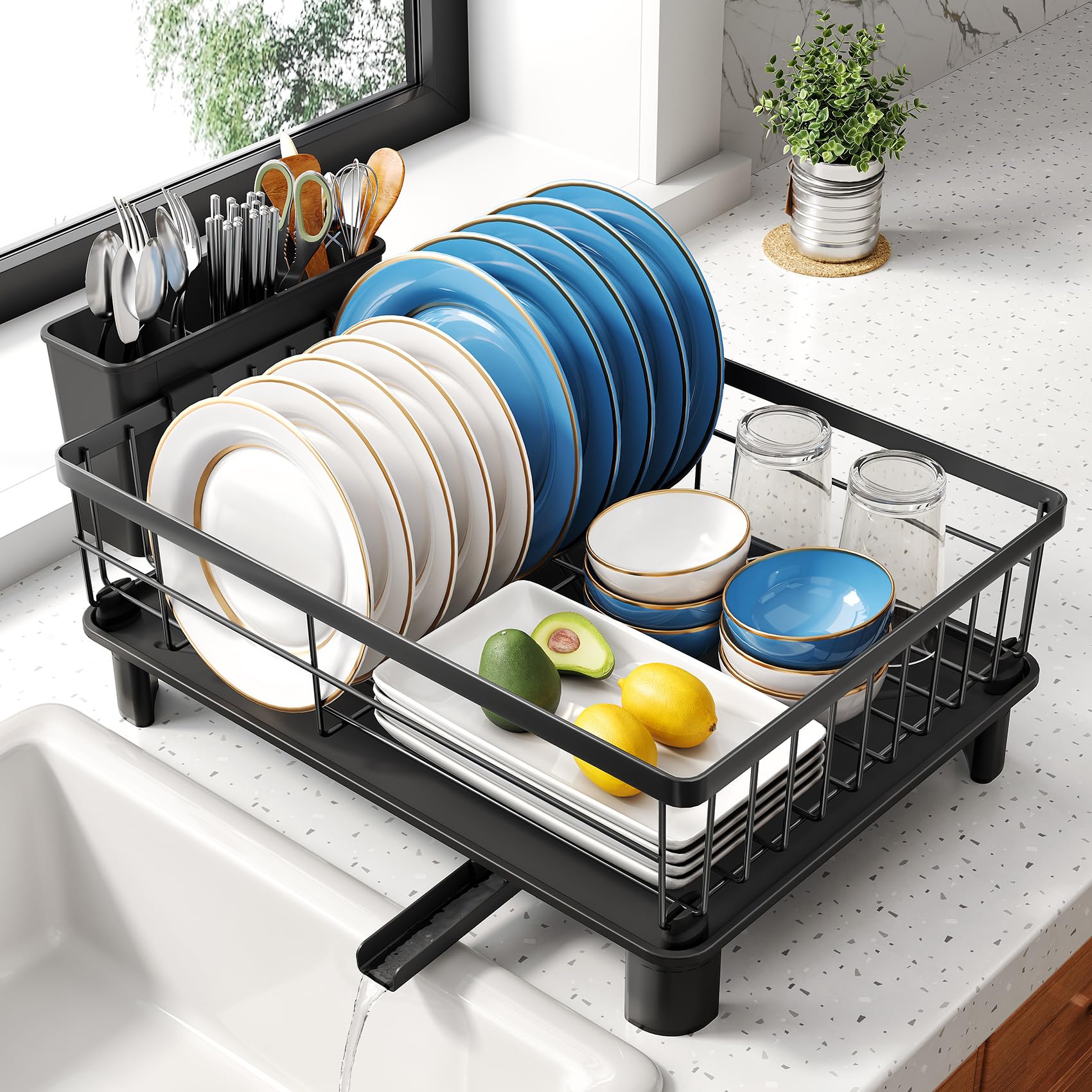 SNTD Dish Drying Rack - Small Dish Rack for Kitchen Counter, Stainless Steel Dish Drainer with Utensil Holder and Drainboard, 11