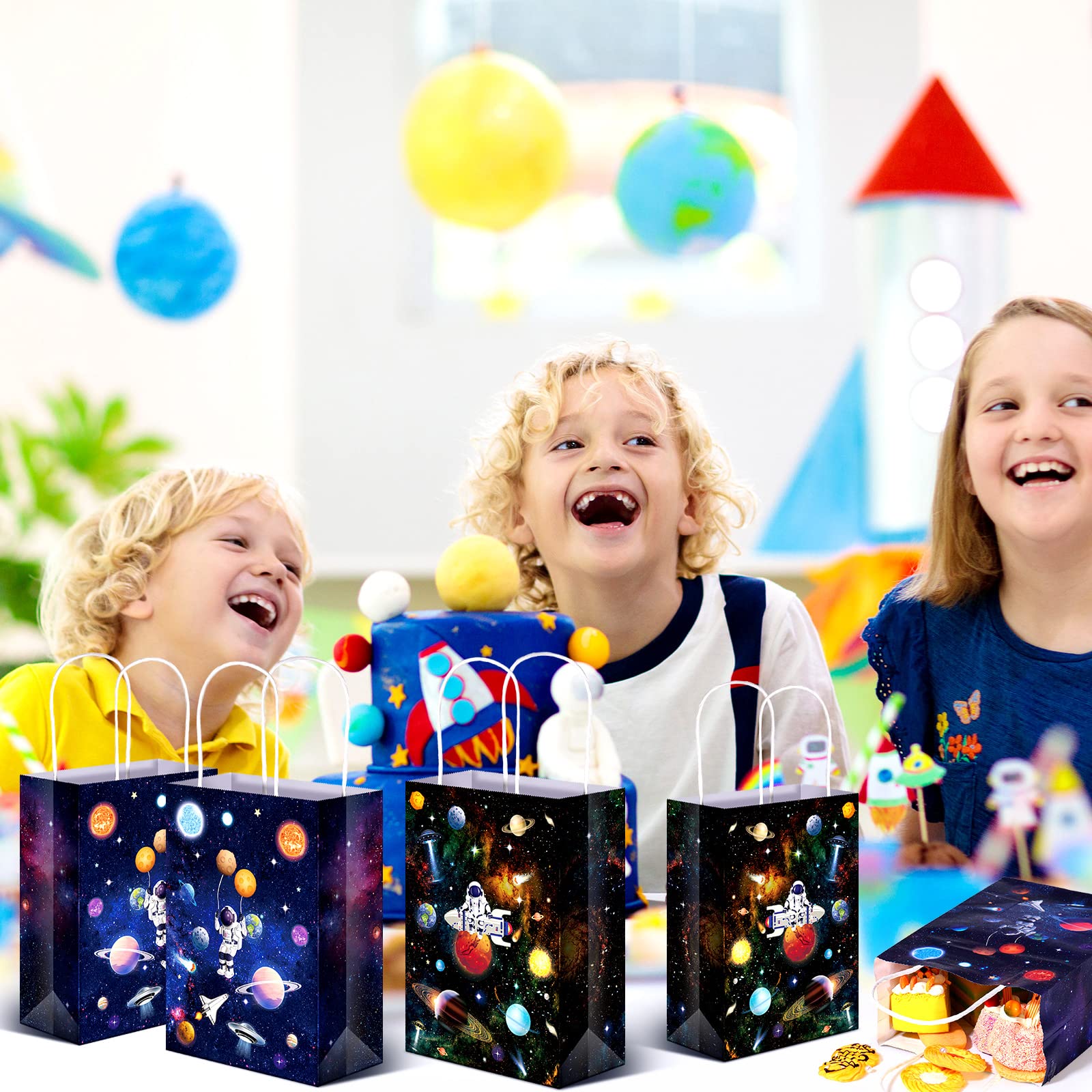 Nezyo 24 Pack Outer Space Present Bags Space Party Favors Planet Candy Goodie Bag Galaxy Gift Bags For Kids Boys Girls Space Theme Party Supplies (Outer Space Style)