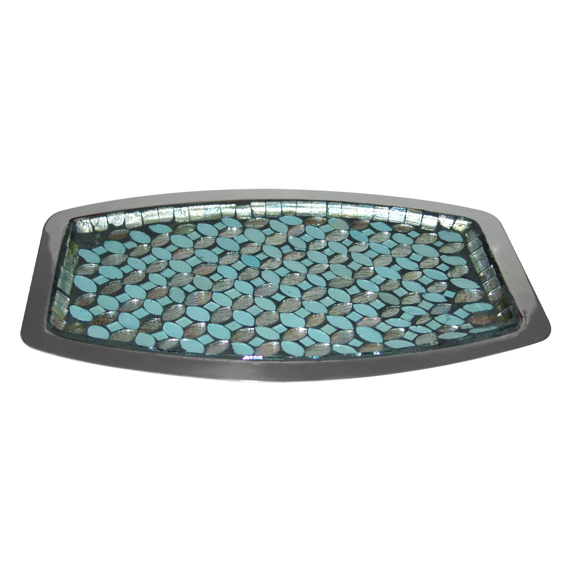 Nu Steel Sea Foam Amenity Tray In Aqua Blue/Silver Glass Mosaic/ Stainless Steel For Bathrooms & Vanity Spaces