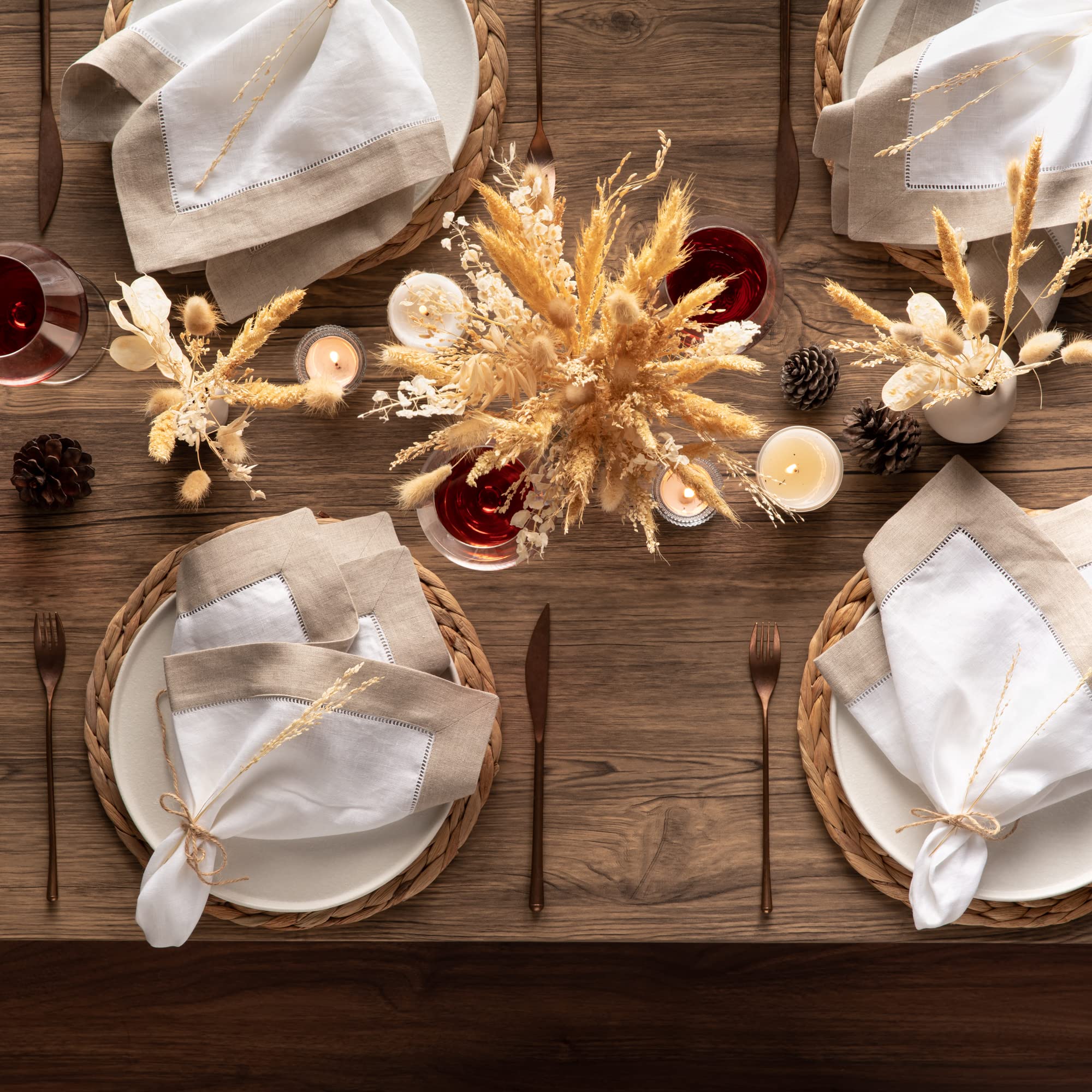 Linen Napkins 20 X 20 Inch - 100% Pure Linen White And Natural Dinner Napkins Set Of 4 - Hemstitch Napkins Cloth Washable For Ch
