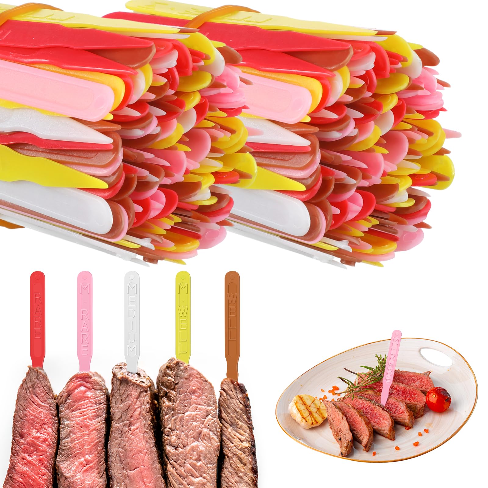 Kigley 2000 Pcs 3 Inch Plastic Steak Markers Colorful Plastic Meat Doneness Picks Steak Temperature Sticks Rare, Medium Rare, Me
