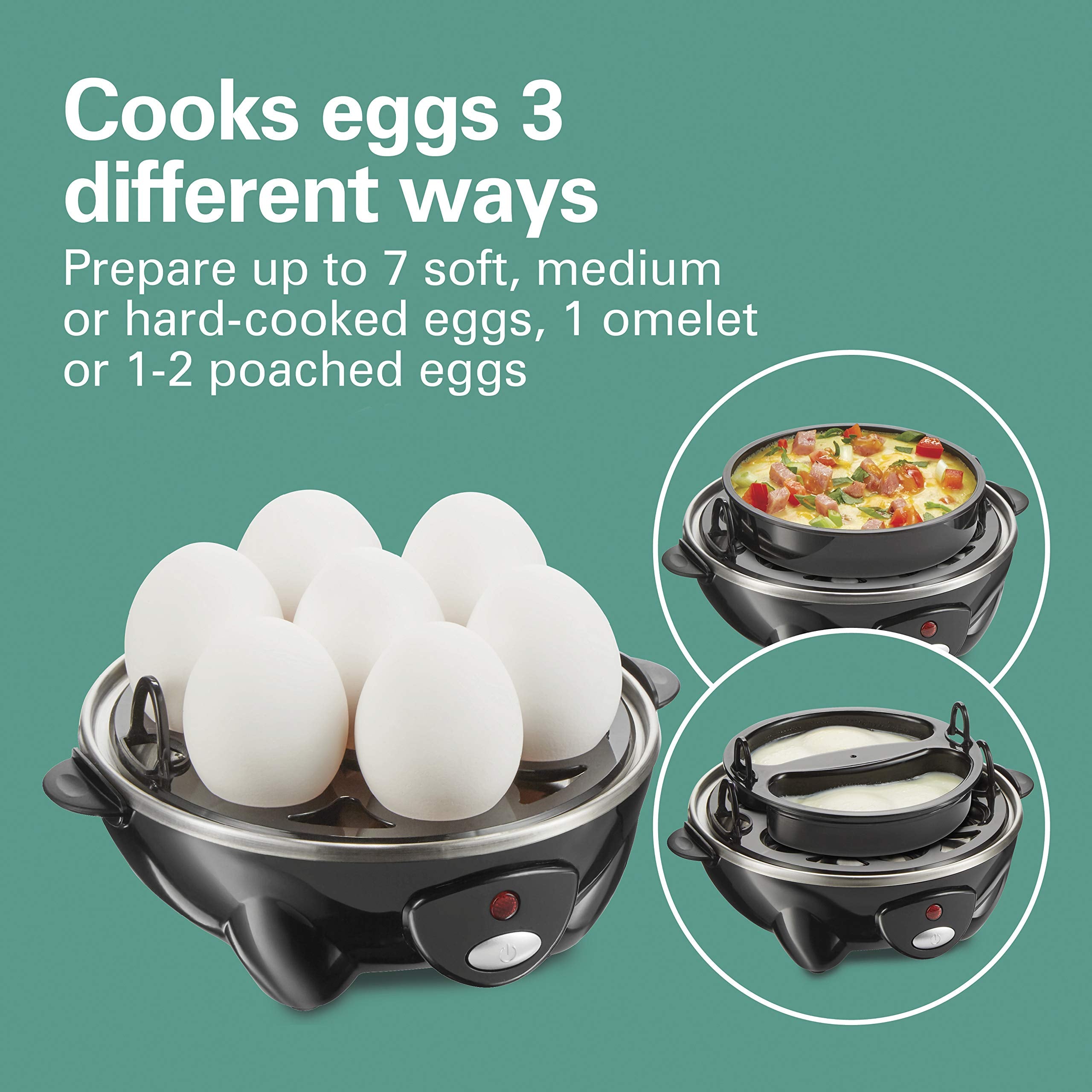 Hamilton Beach 3-In-1 Electric Egg Cooker For Hard Boiled Eggs, Poacher, Omelet Maker & Vegetable Steamer, Holds 7, Black (25507