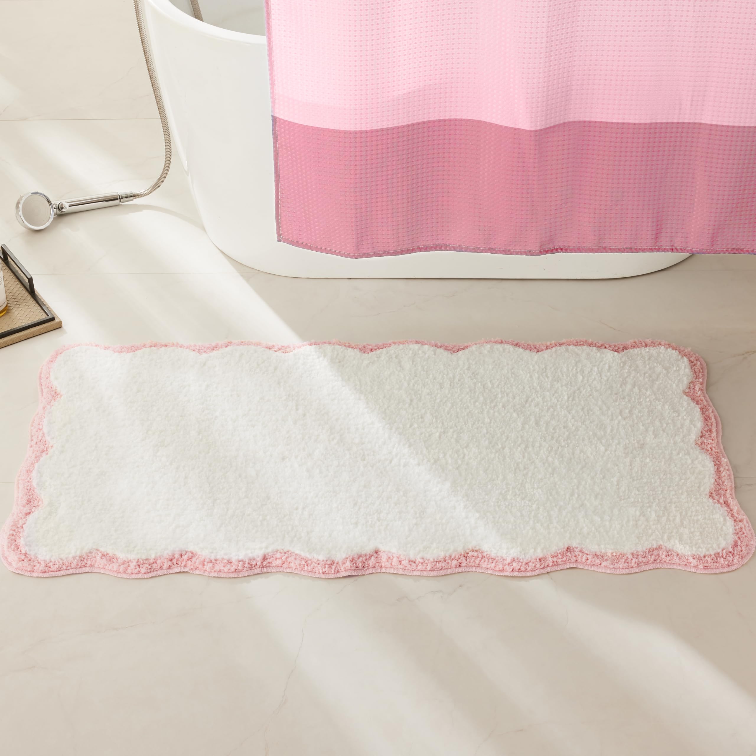 Ohocut Luxury Microfiber Scalloped Runner Rug, White Bath Rug With Pink Scalloped Piping Cute Aesthetic Bath Mat For Bathroom, T