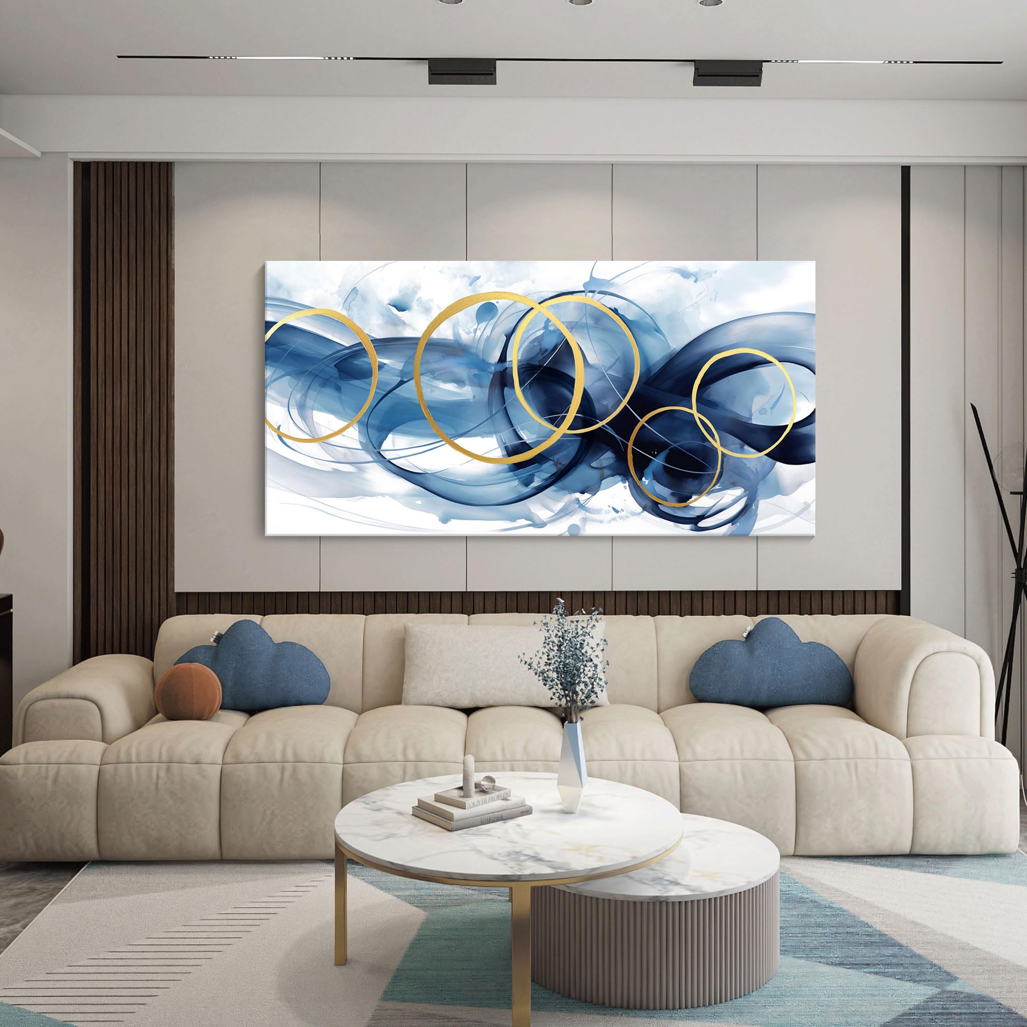 Hkdgoka Wall Art Living Room - Large Abstract Canvas Gold Blue Gradient Canvas Paintings Wall Artwork Modern Office Bedroom Pict