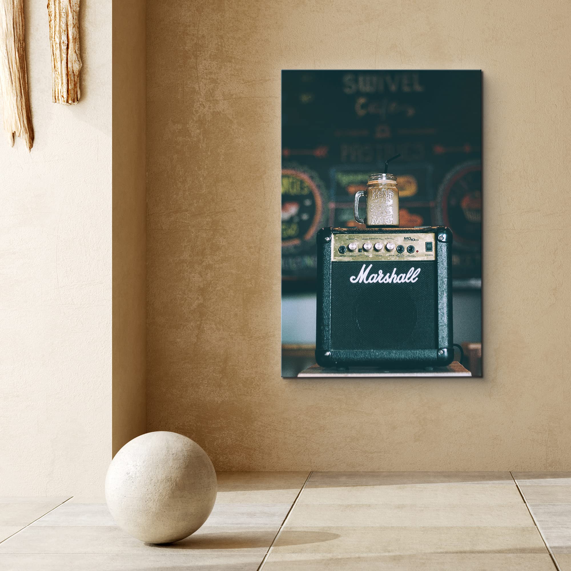 Signford Canvas Print Wall Art Retro Guitar Amplifier With Coffee Mason Jar Music American Photography Realism Bohemian Expressi