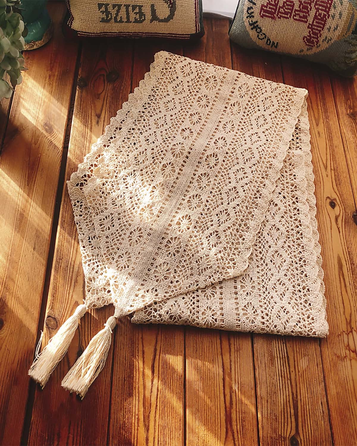 Table Runner 10 X 69 Inches, Woven Cotton Crochet Lace Boho Table Runners With Tassels For Home Dining Table, Farmhouse Style D