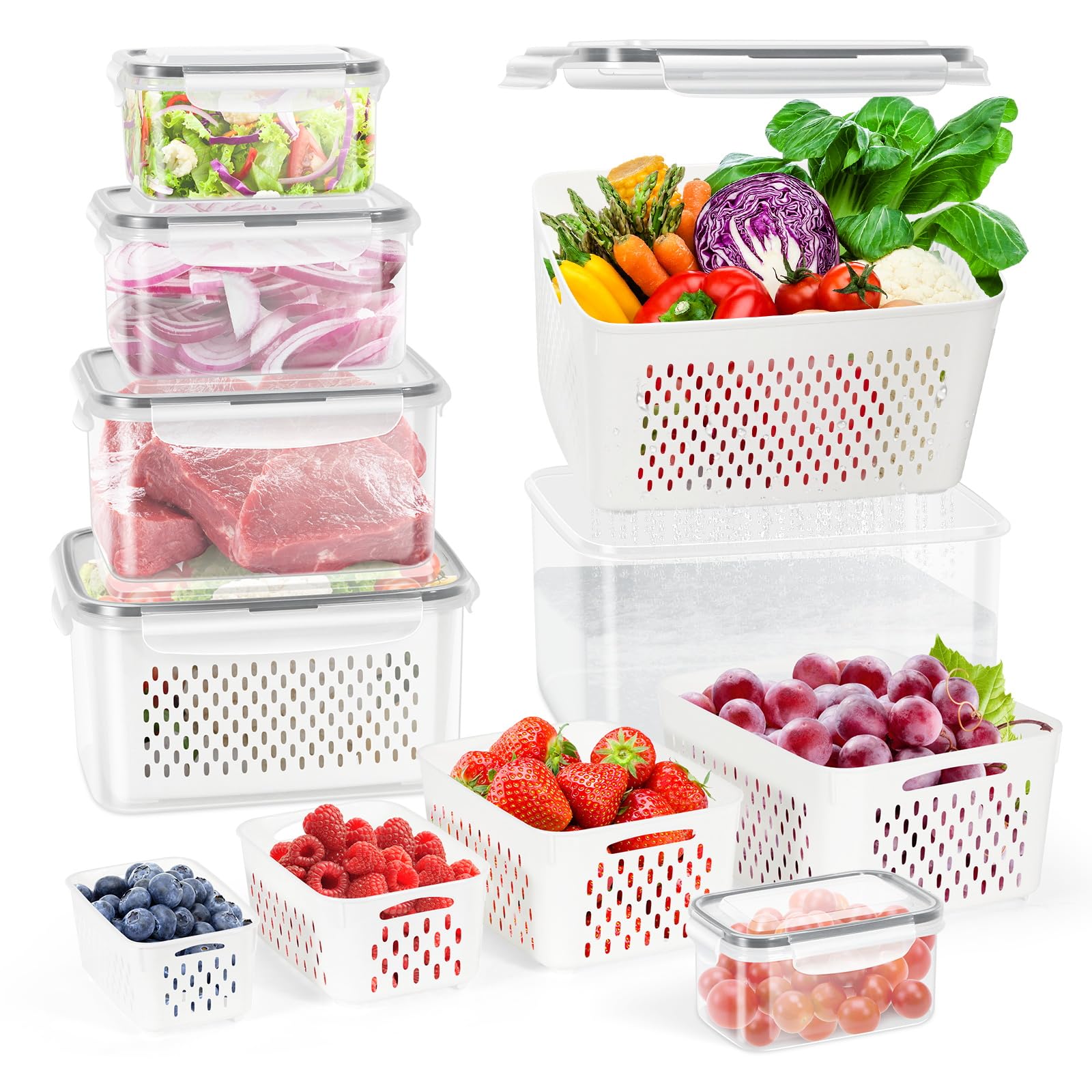 12 Pieces Fruit Storage Containers For Fridge, 6 Pack BPA-Free Fresh Food Containers with Removable Colanders and Airtight Lids,