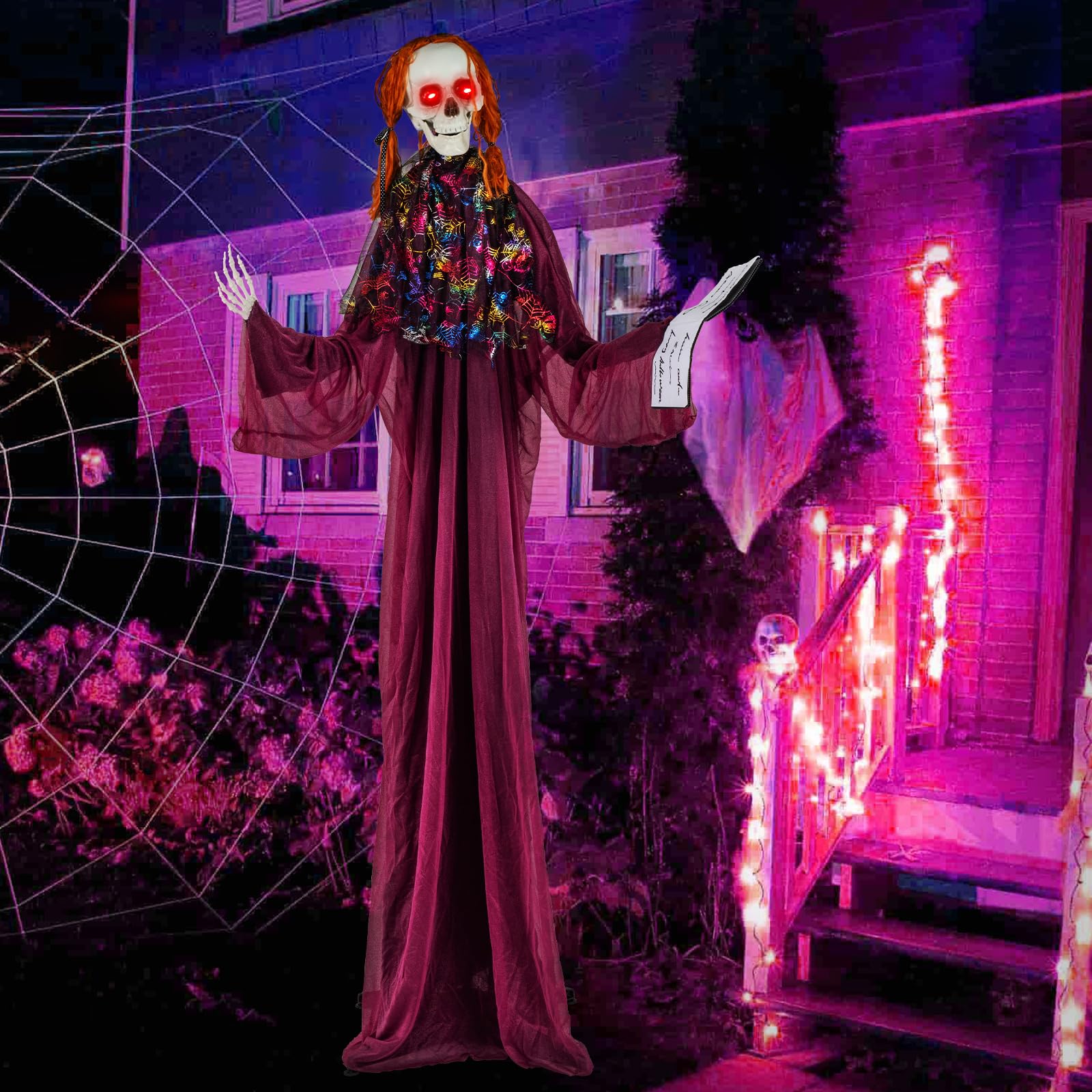 Tangkula 6 FT Halloween Animatronic Skeleton Girl with Book, Scary Animated Prop with Howling Sounds, Red Flashing Eyes & Poseab